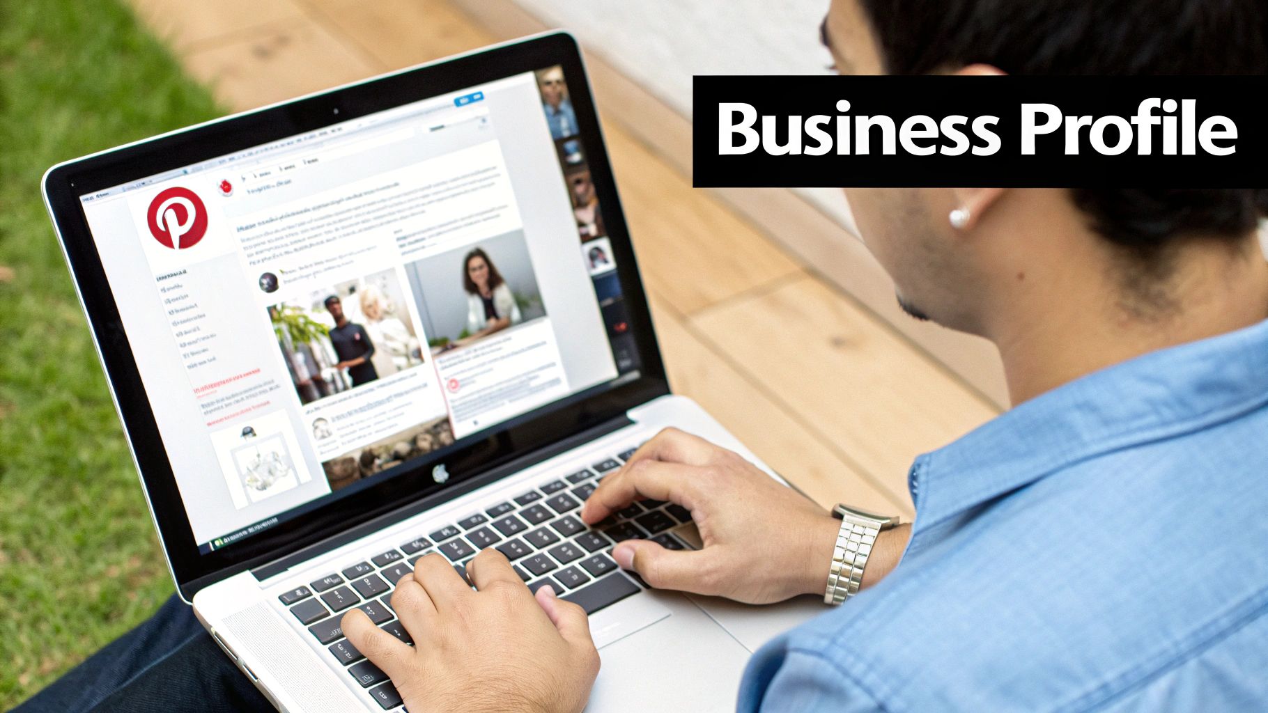 Person managing Pinterest business profile on laptop in casual workspace