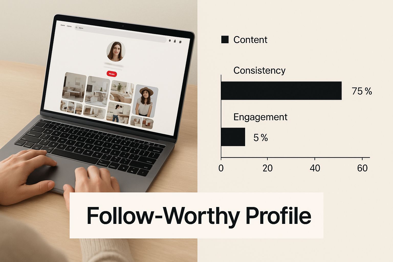 Person viewing Pinterest profile on laptop with content strategy chart showing 75% consistency and 5% engagement, illustrating traits of a follow-worthy Pinterest account.