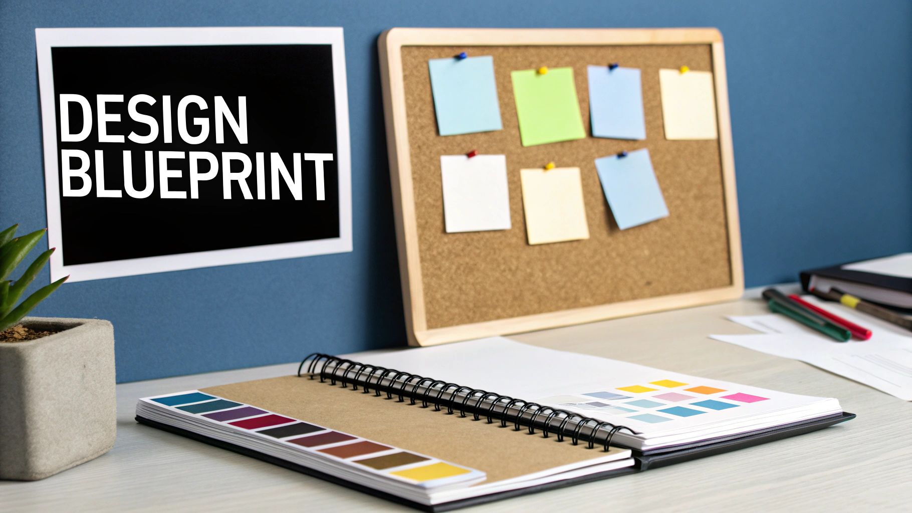 Design workspace with cork board of sticky notes, color swatch notebooks, and 'Design Blueprint' sign on wall.