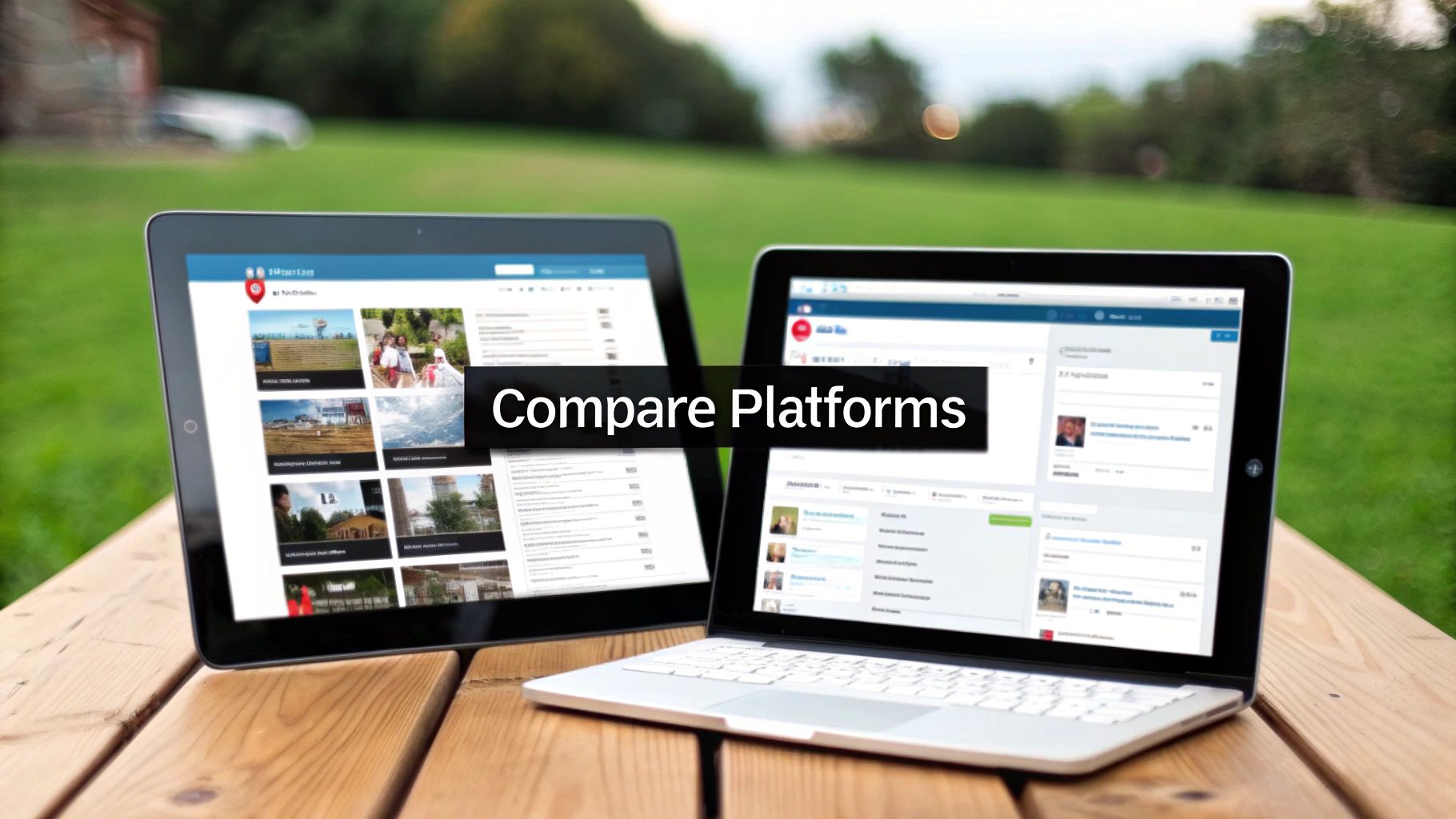 Tablet and laptop comparing digital platforms outdoors