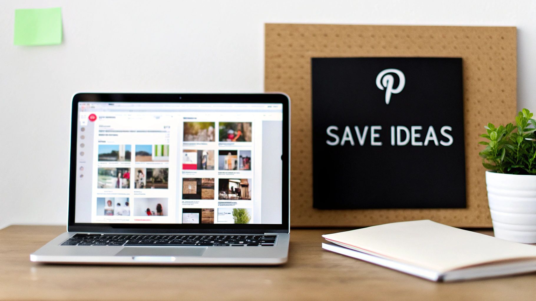 Open laptop displaying Pinterest boards on desk with a sign reading 'Save Ideas,' symbolizing the platform's use for idea collection and inspiration.