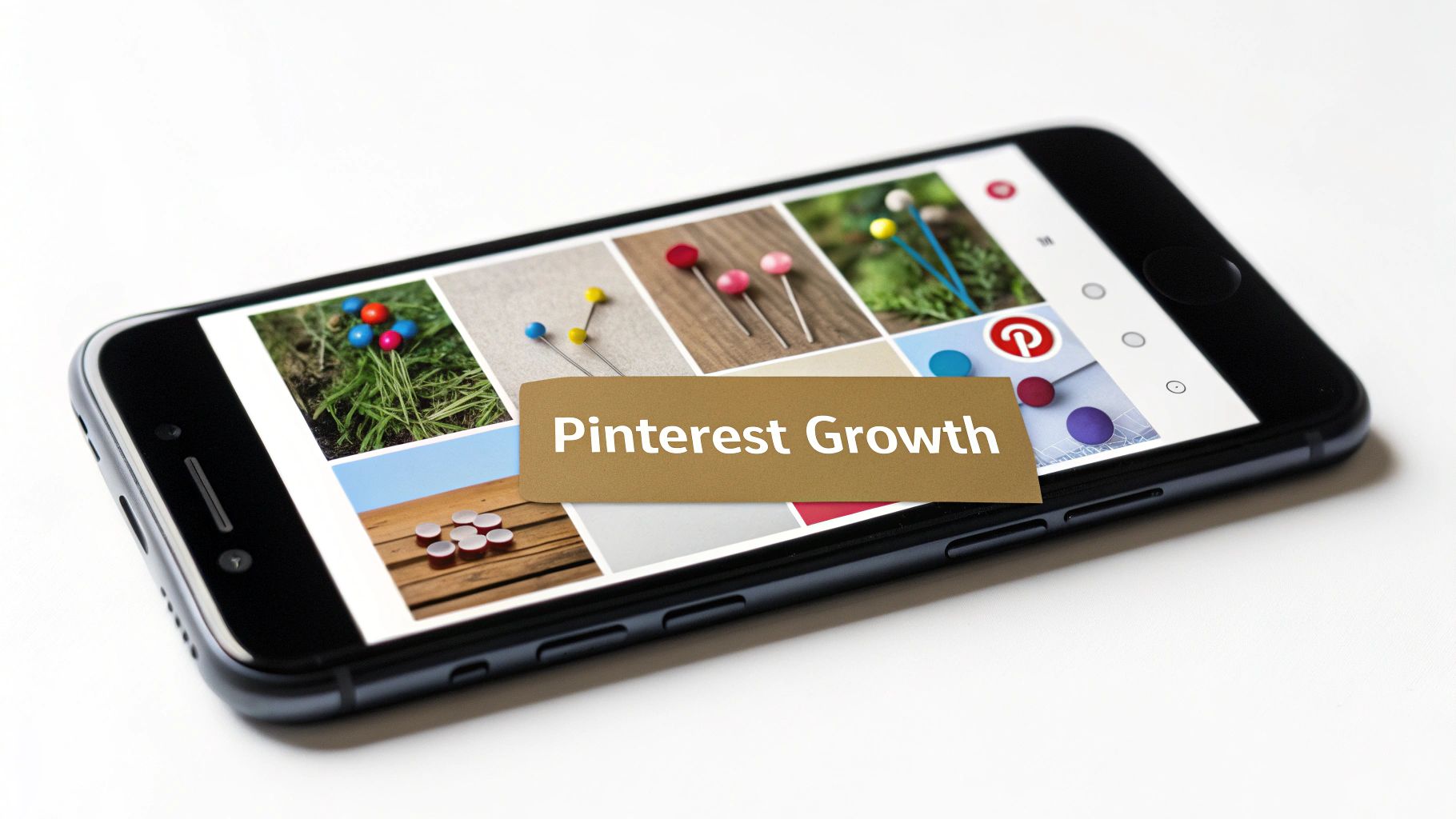 Smartphone displaying Pinterest app with colorful pins and a banner reading “Pinterest Growth.”