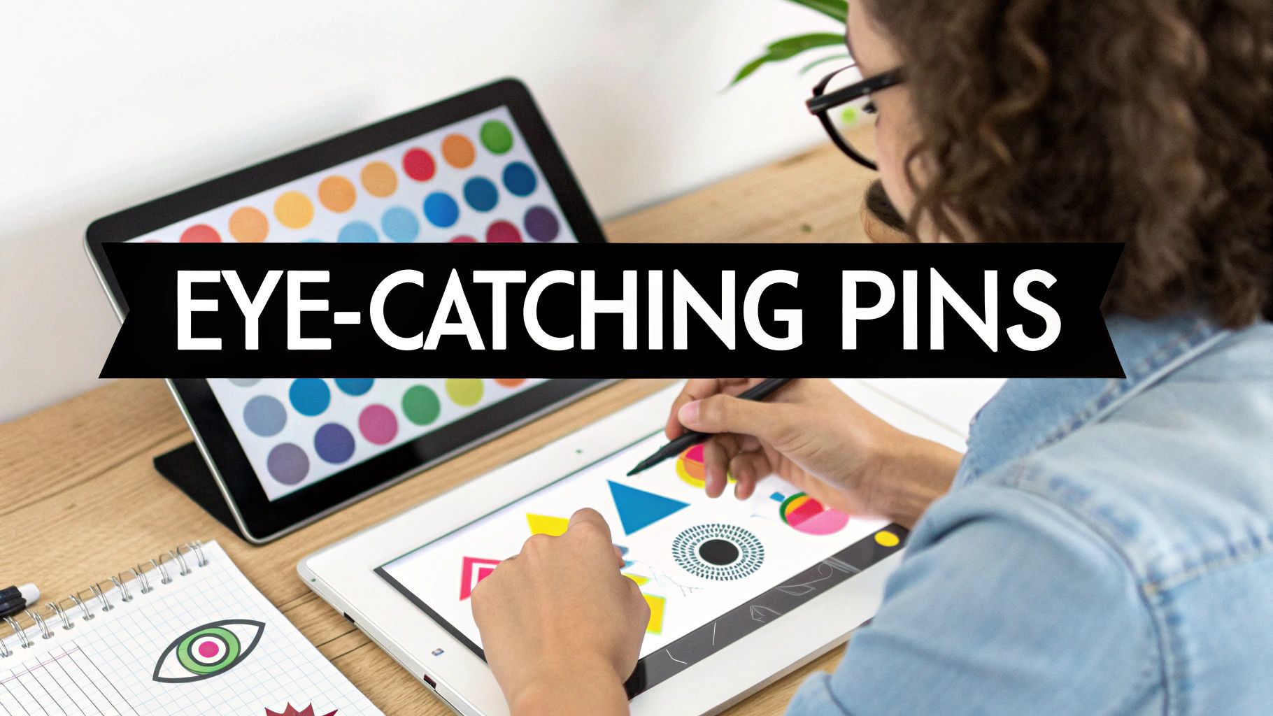 Person designing colorful Pinterest product pins on a tablet for high-converting visual marketing.