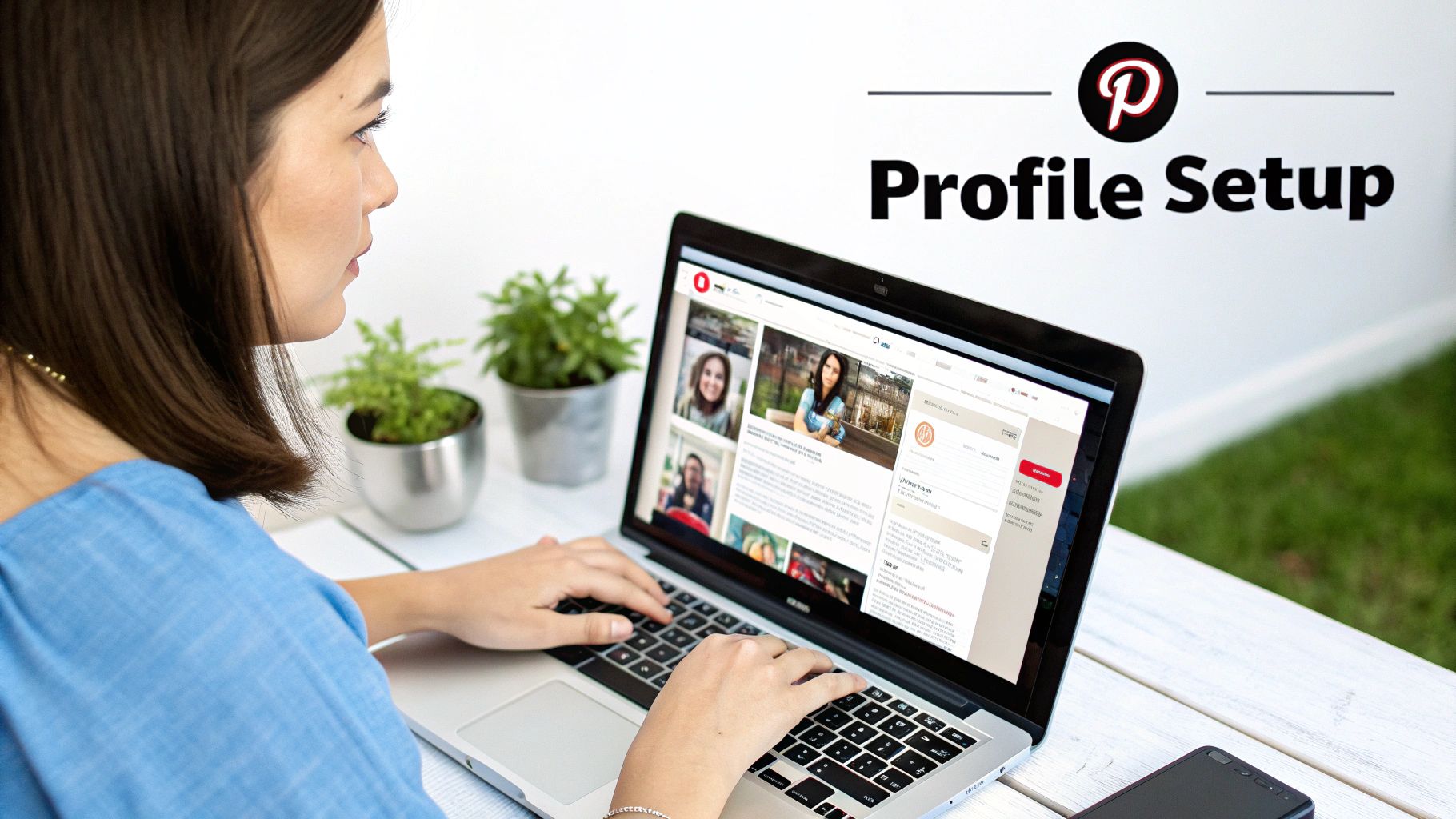 Woman completing Pinterest profile setup on laptop at workspace