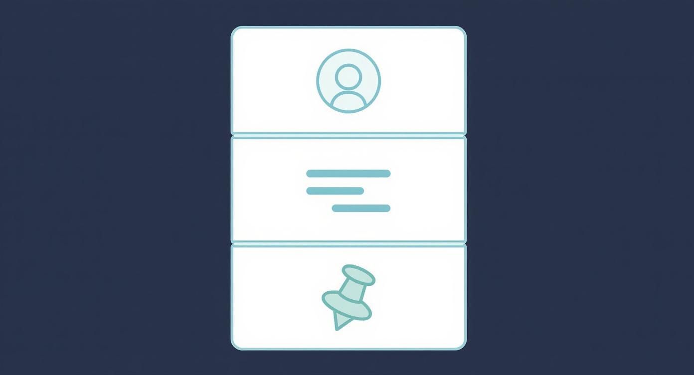 Minimalist Pinterest user interface graphic with icons representing a user profile, text description, and a pin icon on a dark blue background.