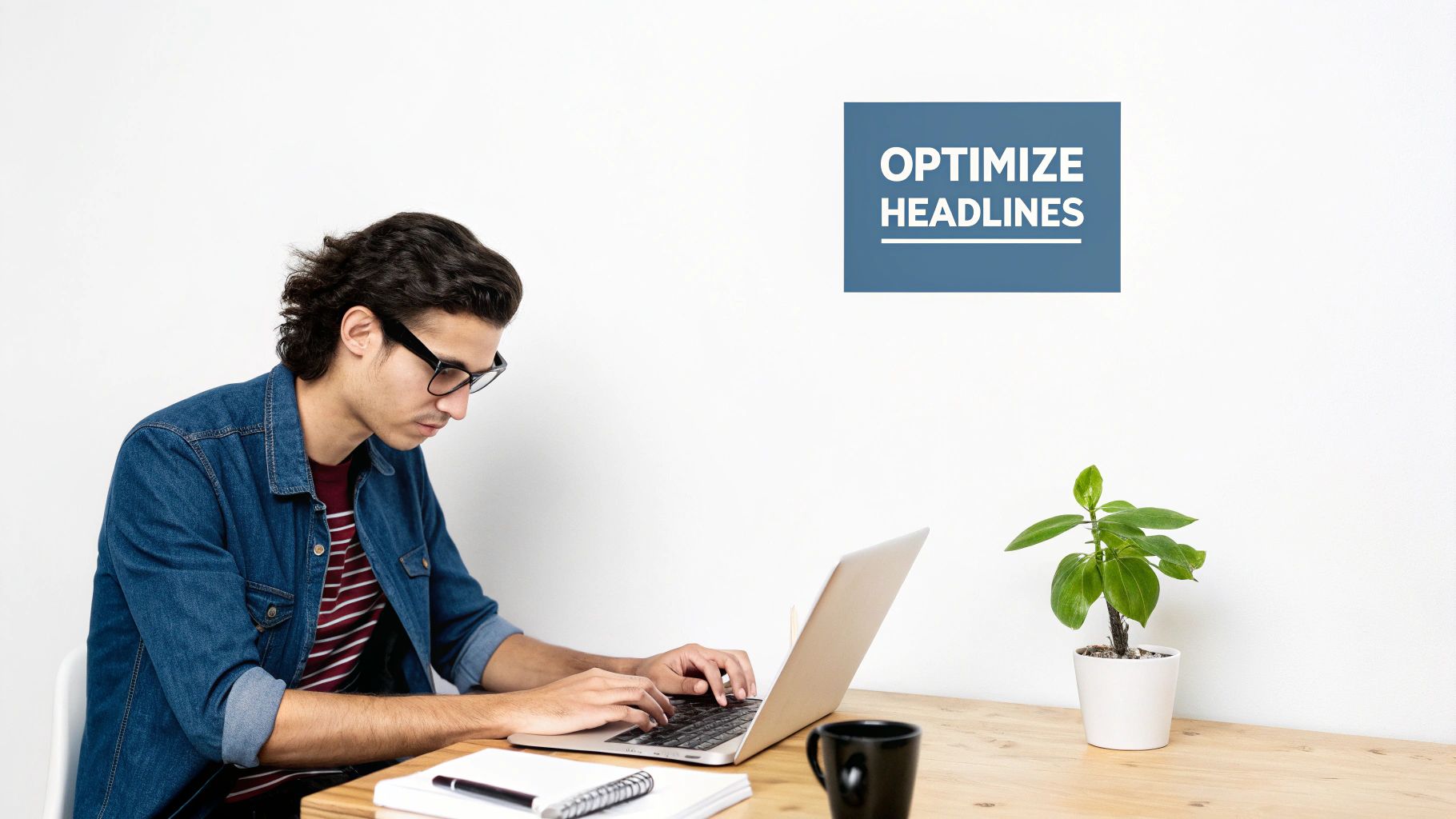 Man working on laptop with 'Optimize Headlines' sign in modern workspace.