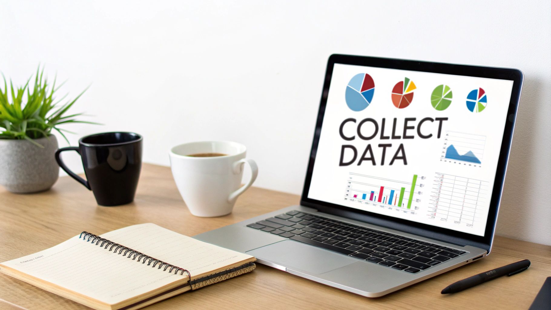 Laptop screen displaying data charts and 'Collect Data' text on organized office desk.