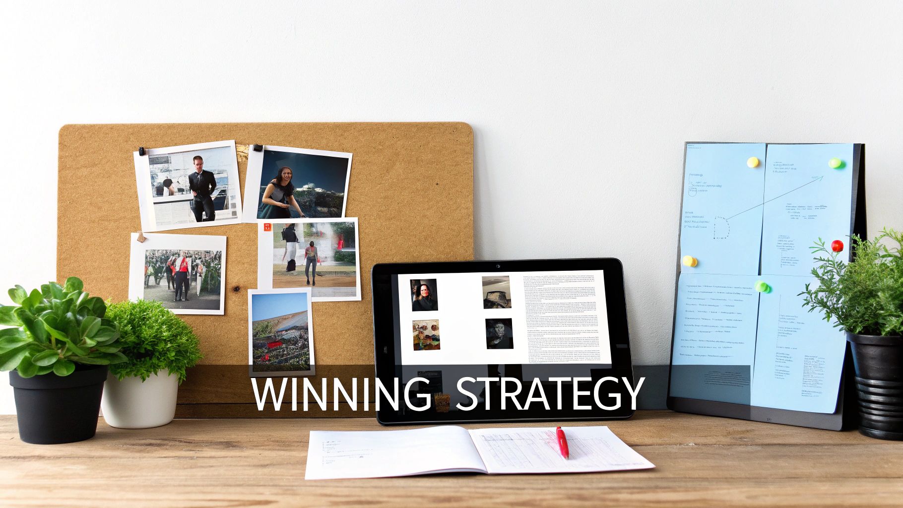 Laptop with Pinterest board and strategy notes labeled "Winning Strategy" on a desk.