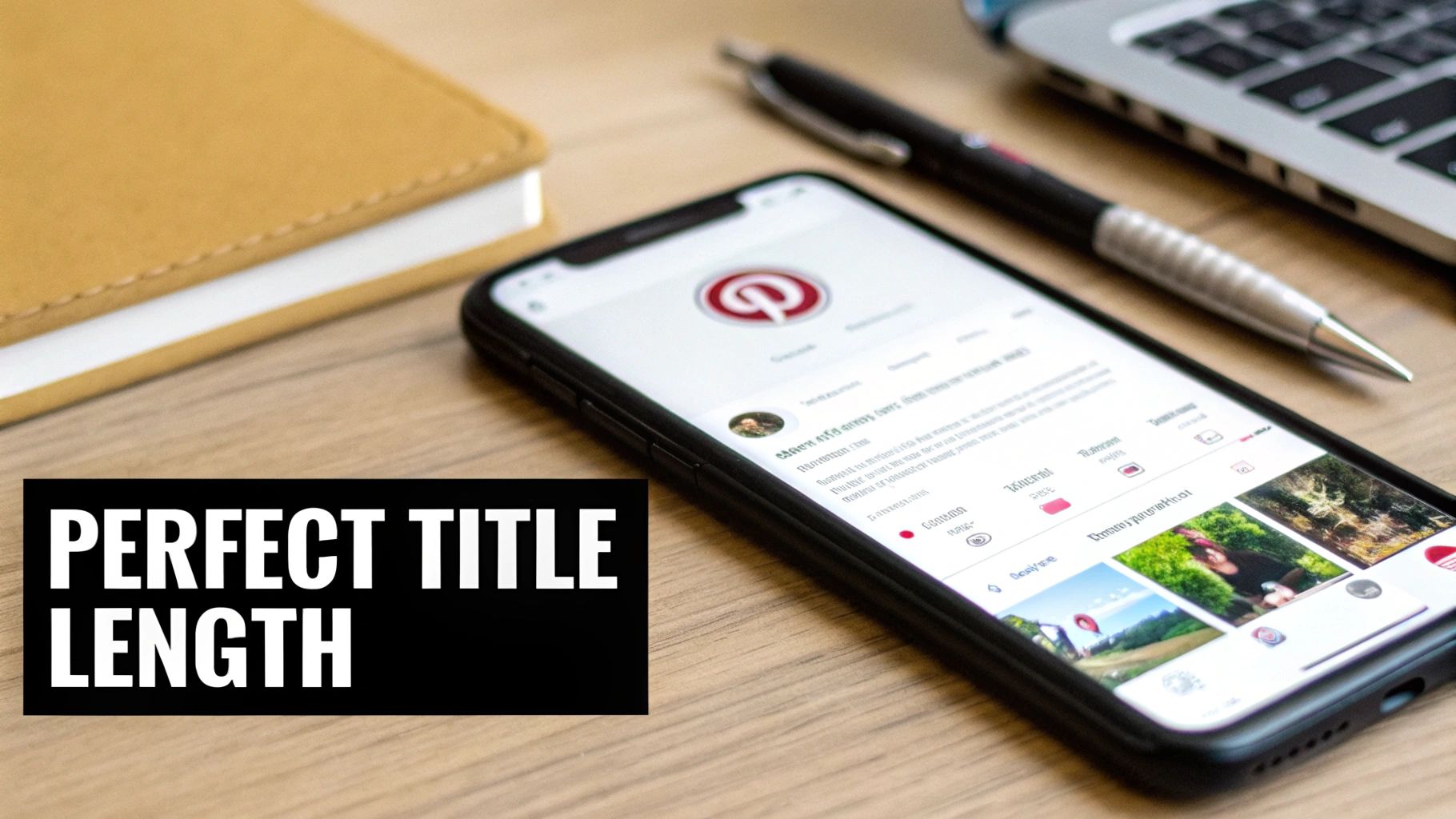Smartphone showing Pinterest profile with optimized board titles and perfect title length strategy