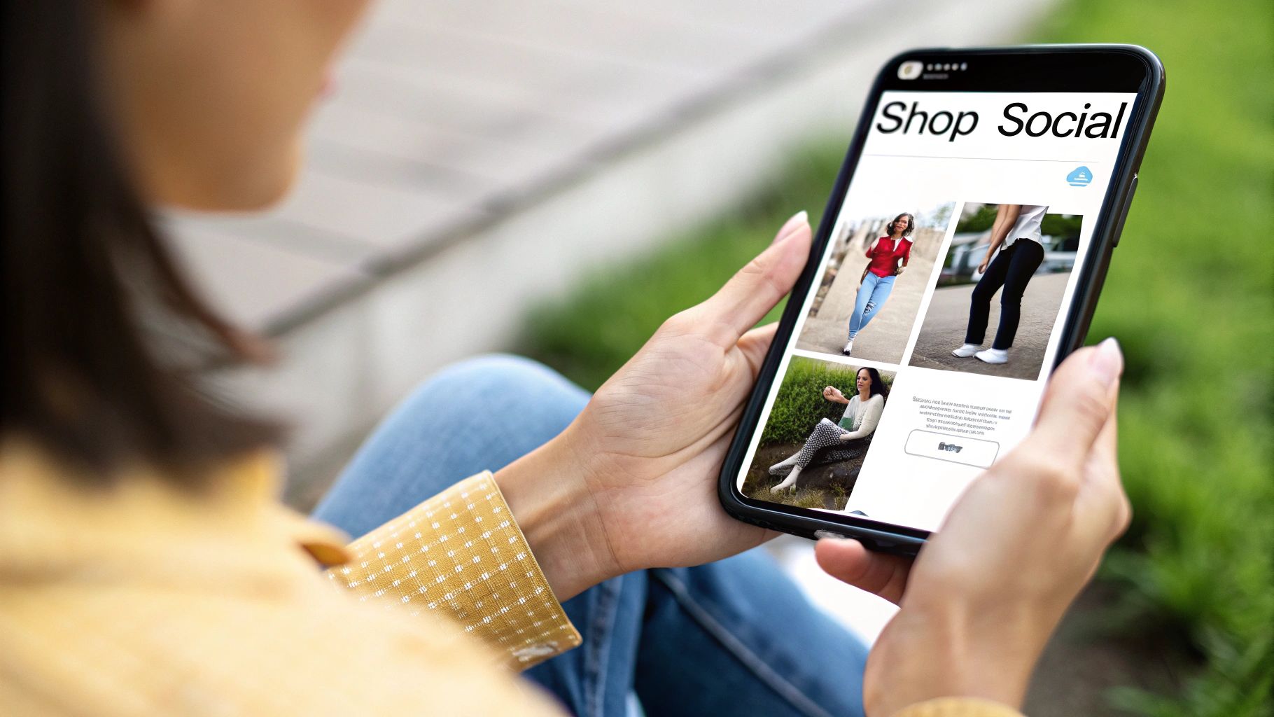 Woman shopping on a mobile device using a social commerce platform displaying fashion items.