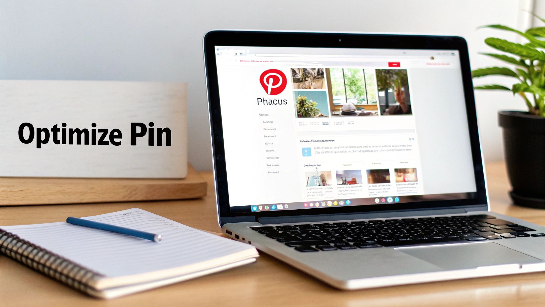 Open laptop on desk displaying a Pinterest business profile with branding and visuals.