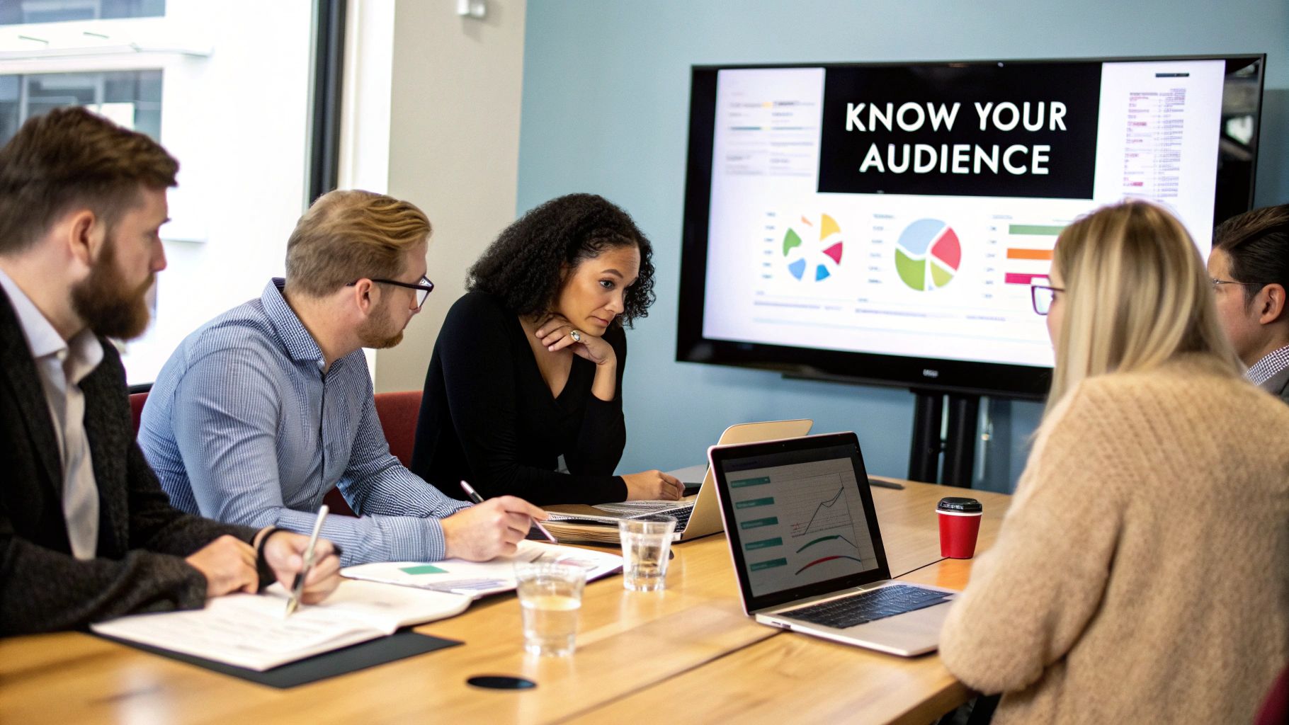 A group of people in a meeting talking to each other