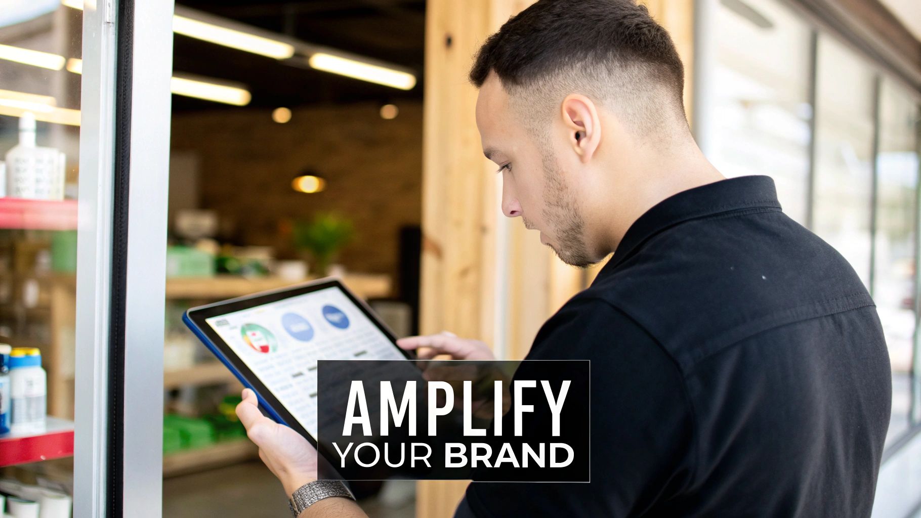 Man using tablet to review analytics to amplify your brand