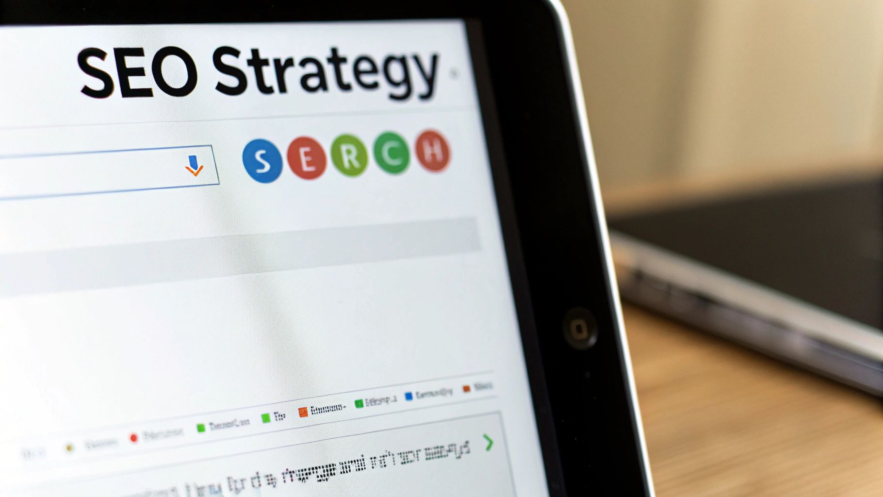 Tablet screen displaying 'SEO Strategy' with colorful search icons, emphasizing digital marketing tactics for Pinterest visibility.