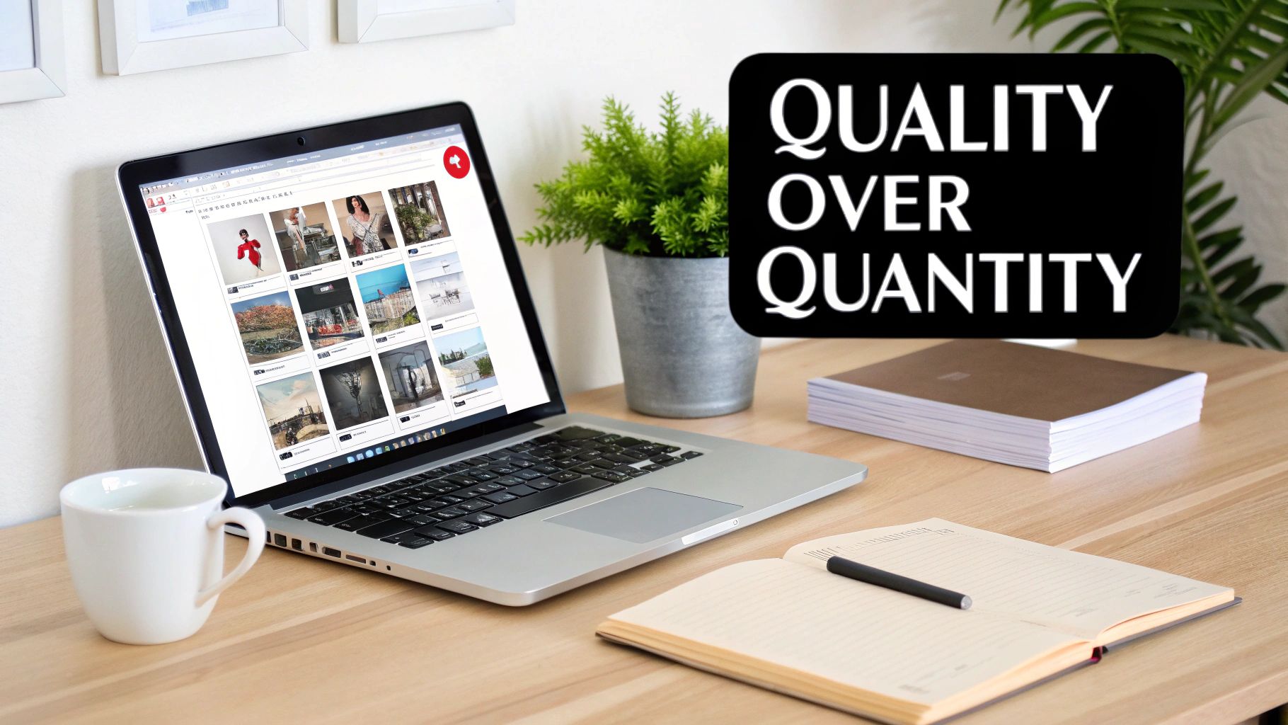 Minimalist workspace with laptop displaying image content, notebook, and 'Quality Over Quantity' message, representing shift from broad reach to niche authority.