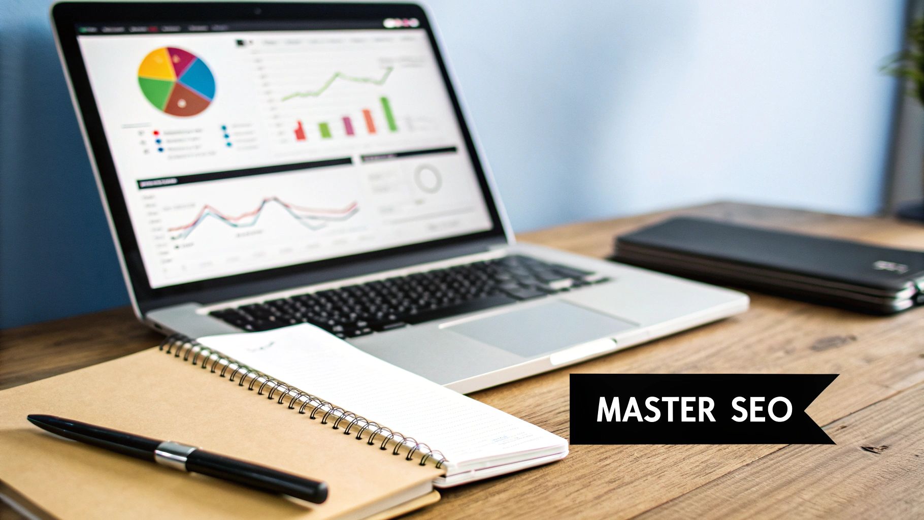 Open laptop displaying SEO analytics dashboard with charts and graphs, next to a notebook and pen on a wooden desk.
