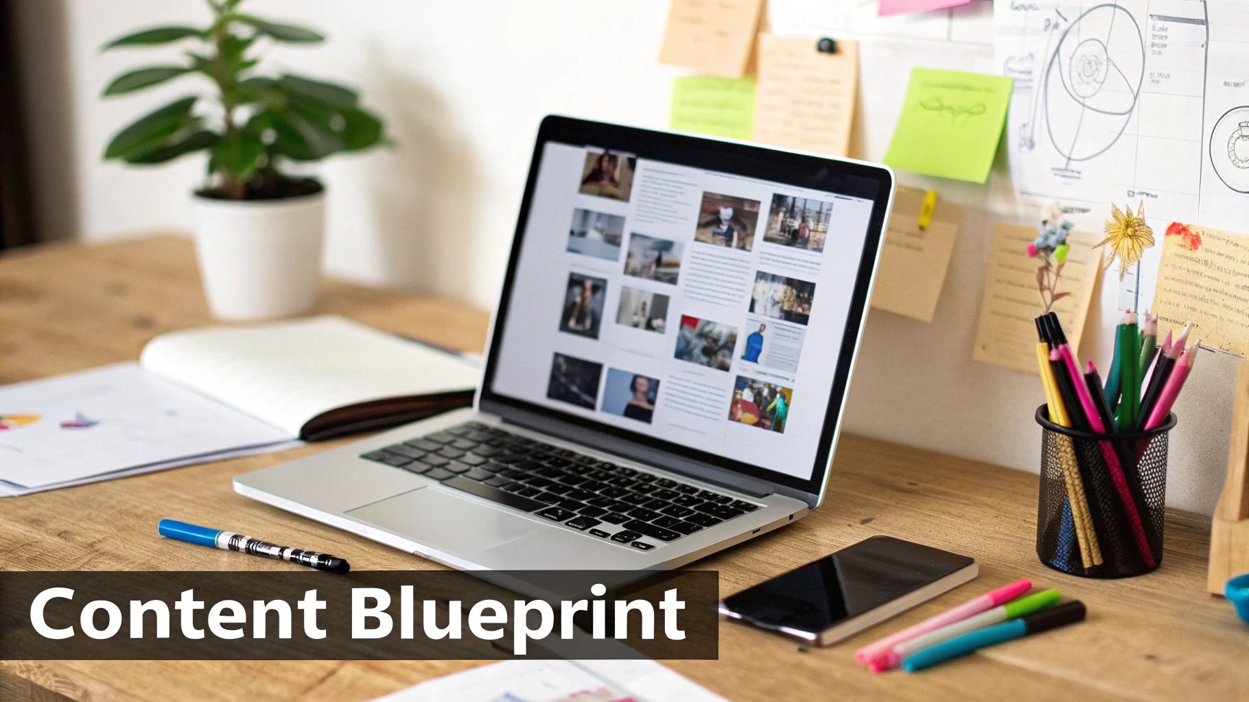 Open laptop on desk with digital content blueprint layout for Pinterest marketing strategy.
