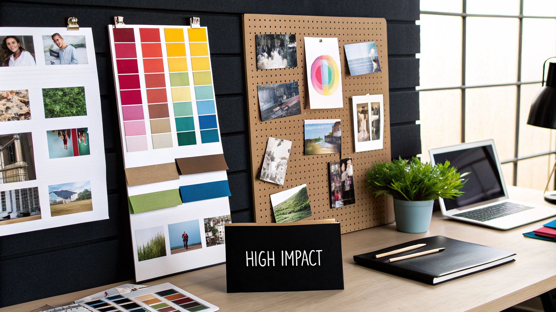High impact content mood board with color palette and photos"