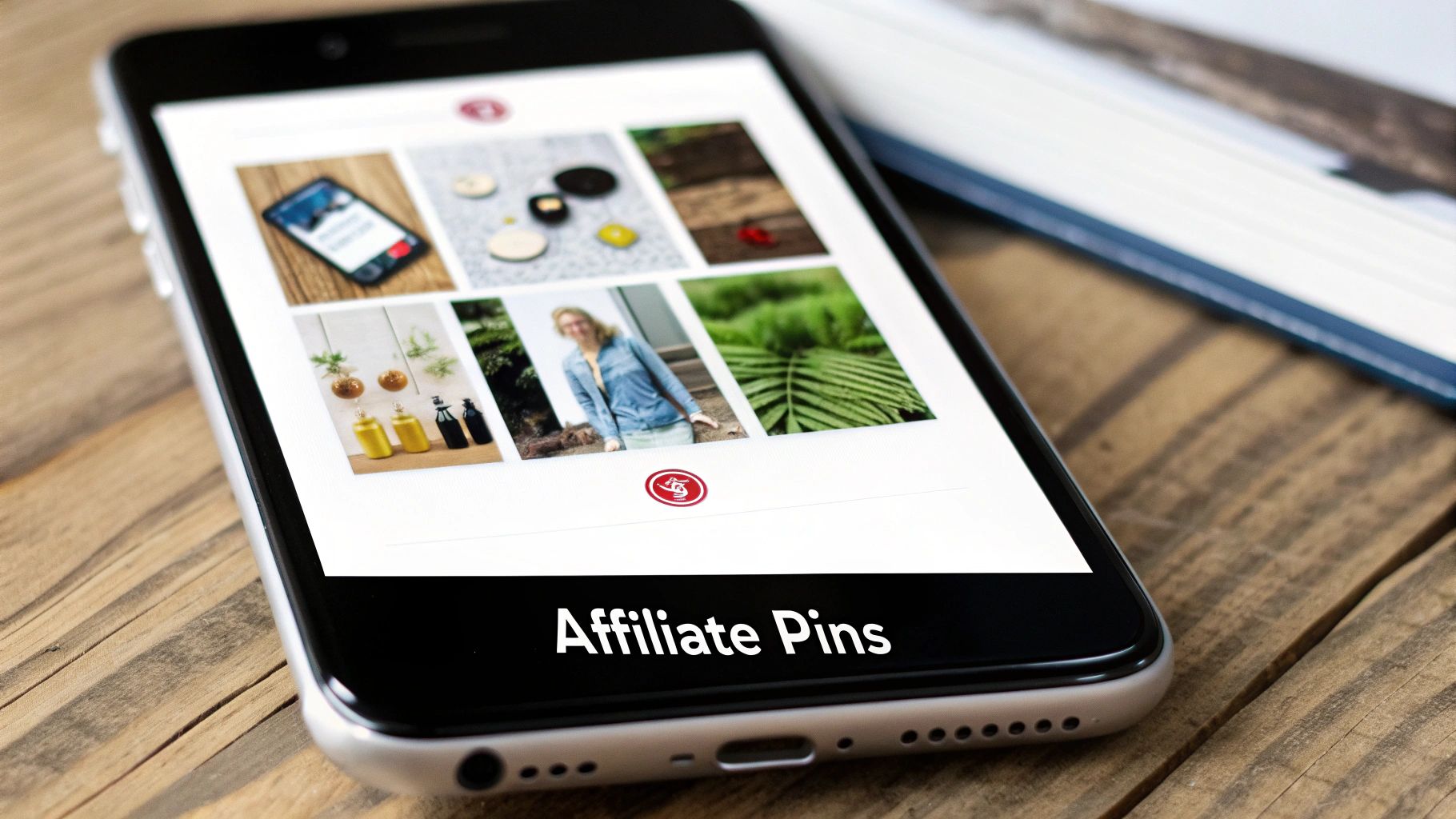 Smartphone displaying Pinterest affiliate pins on wooden surface