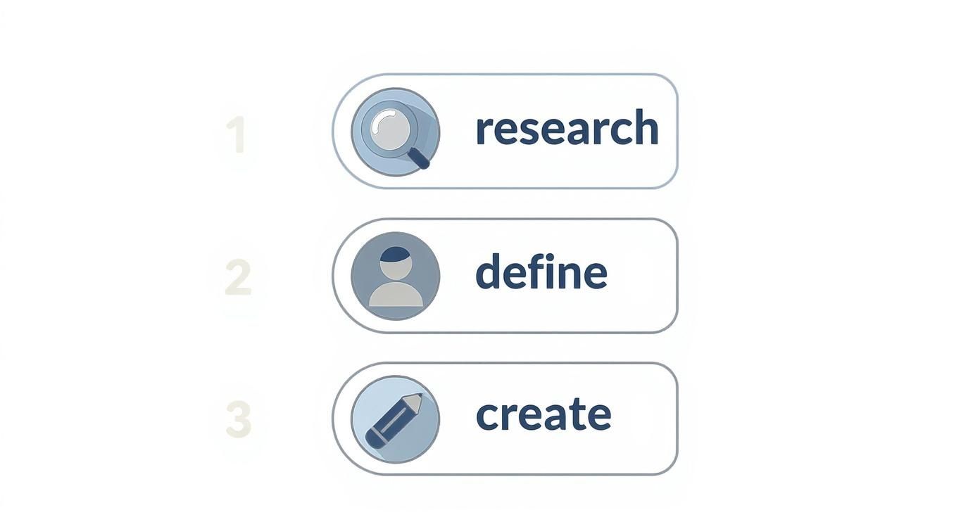 Three-step process graphic with icons labeled: 1. Research, 2. Define, 3. Create.