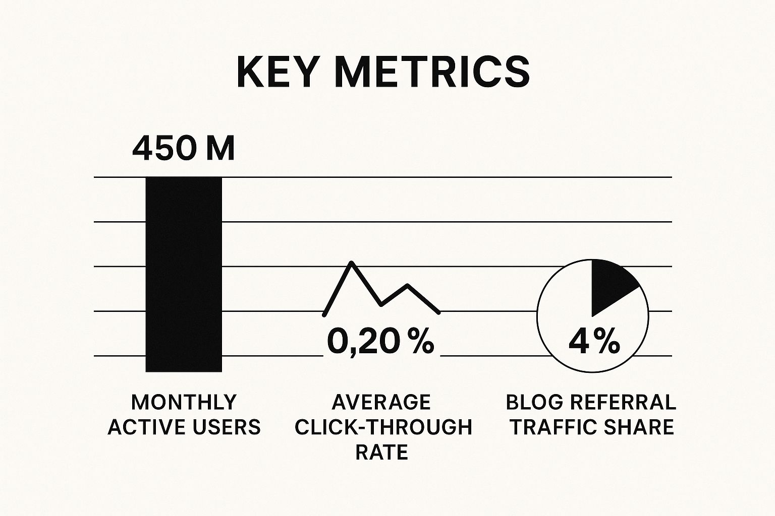 Key metrics graphic showing monthly users, CTR, and referral traffic share