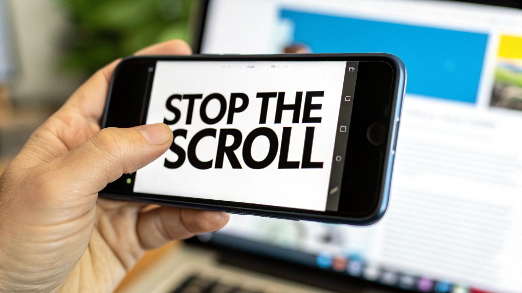 Close-up of hand holding smartphone with bold 'Stop the Scroll' message on screen, emphasizing attention-grabbing content.