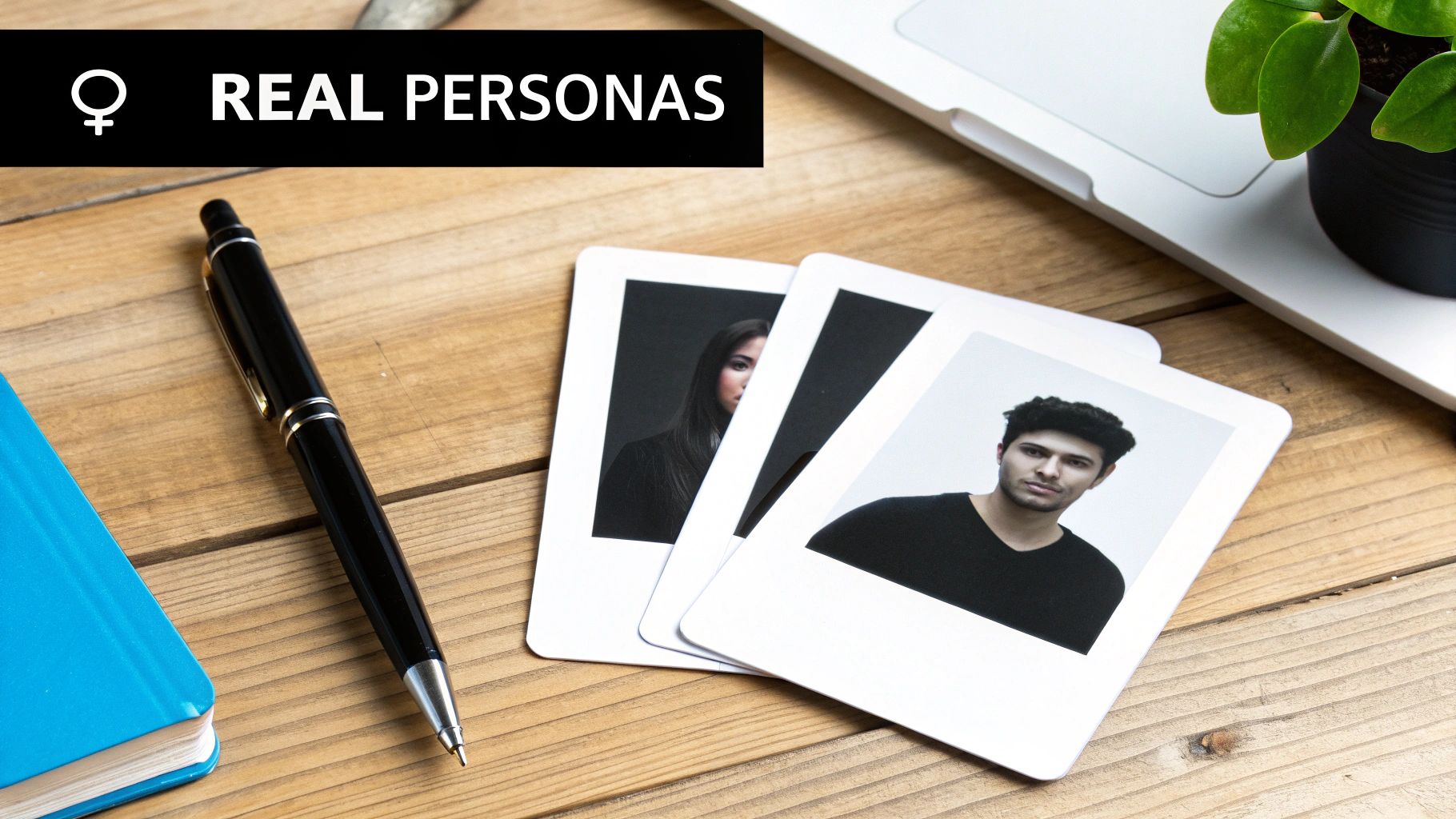 Desk setup with printed photos labeled 'Real Personas' for user research and audience targeting.