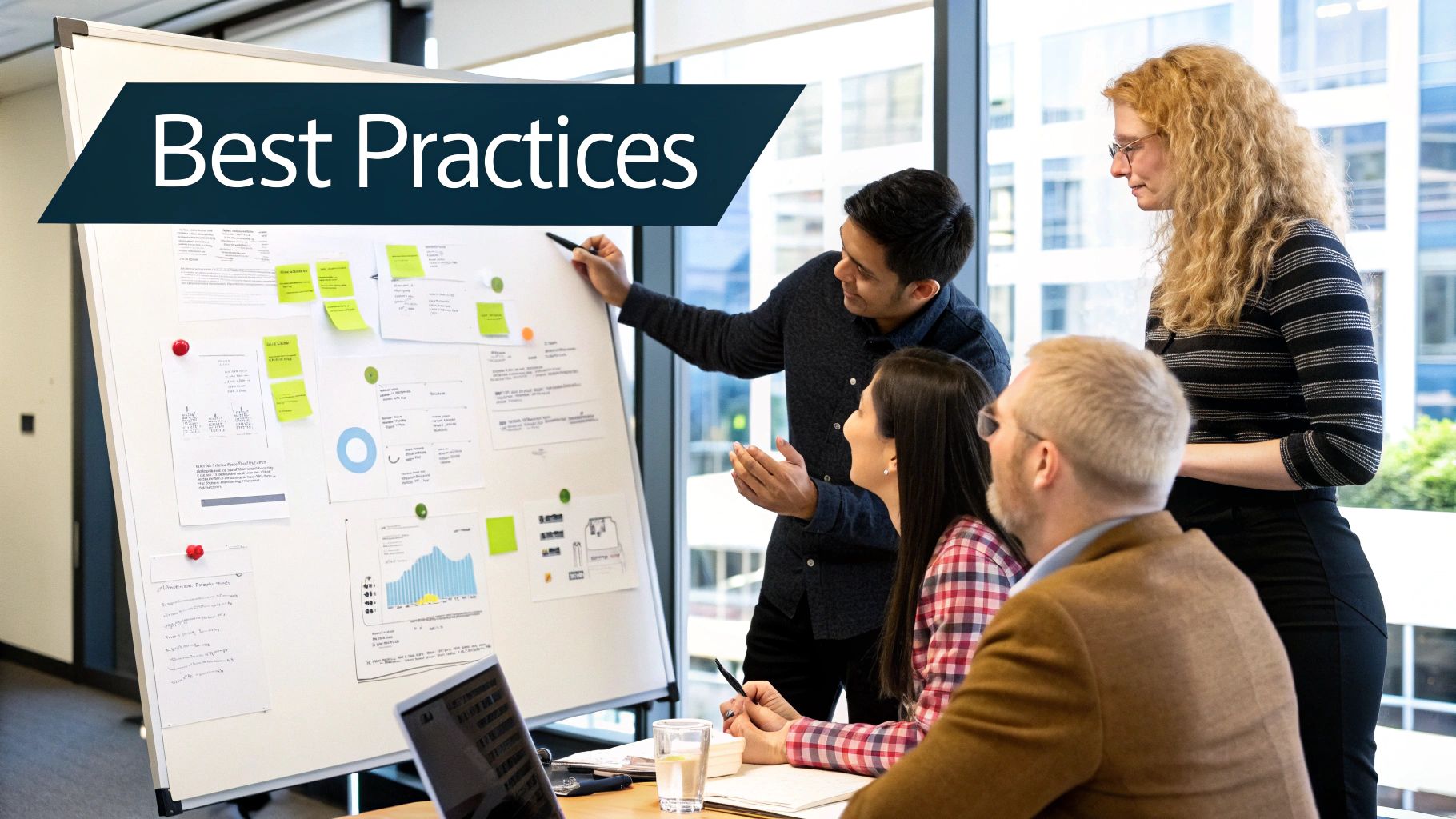 Team collaborating at whiteboard with charts and notes, discussing marketing best practices