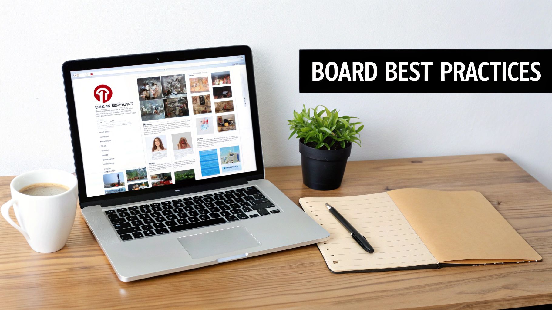 Laptop showing Pinterest board with notebook and coffee, highlighting strategic board title best practices