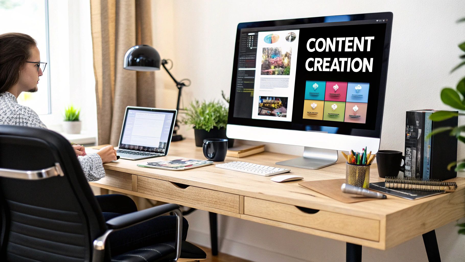  working at a modern desk with two monitors—laptop and desktop displaying content creation tools and graphics in a bright home office setup.