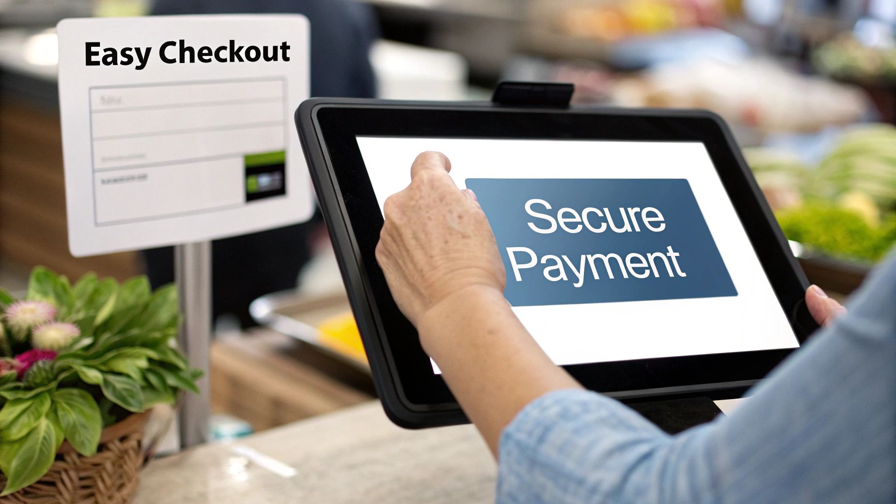 Person using touchscreen for secure payment at a checkout counter, emphasizing easy digital transactions.