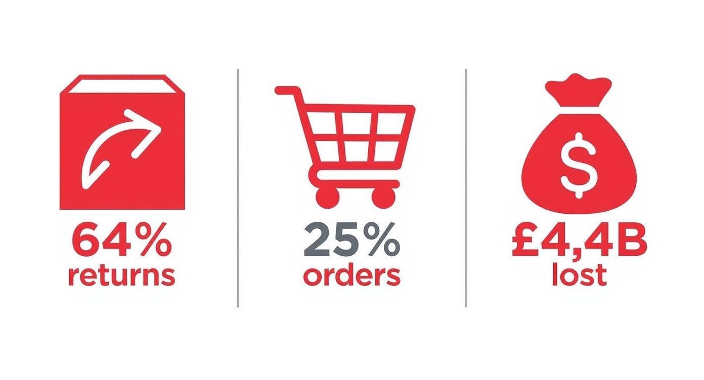 Infographic showing 64% returns, 25% orders, and £4.4B lost with related icons.
