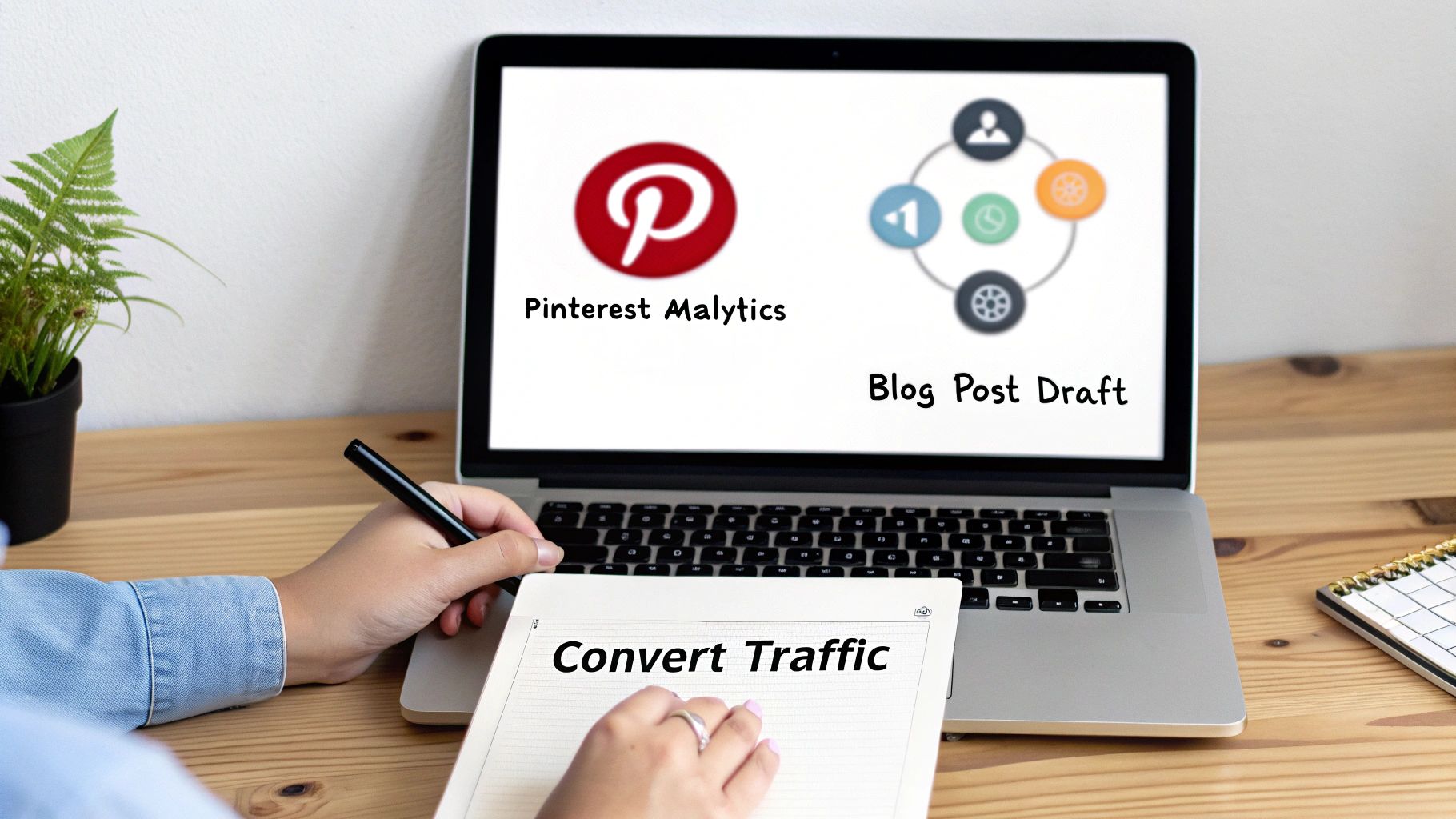Person writing 'Convert Traffic' in notebook with Pinterest Analytics and blog post draft open on laptop, representing content planning and traffic conversion strategy.