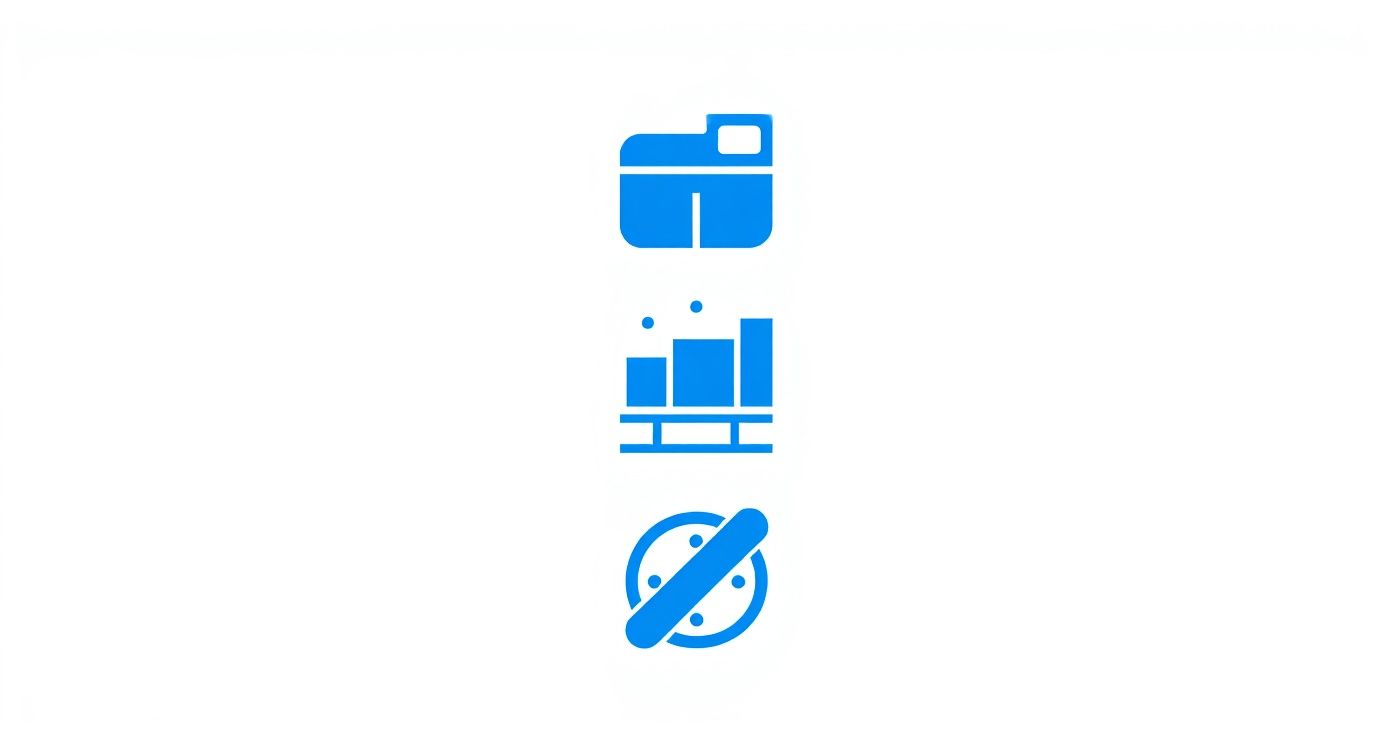 Three vertically stacked blue icons on a white background: a folder representing data storage, a bar graph indicating analytics, and a cookie with a strike-through symbolizing no cookies or cookie-free tracking.