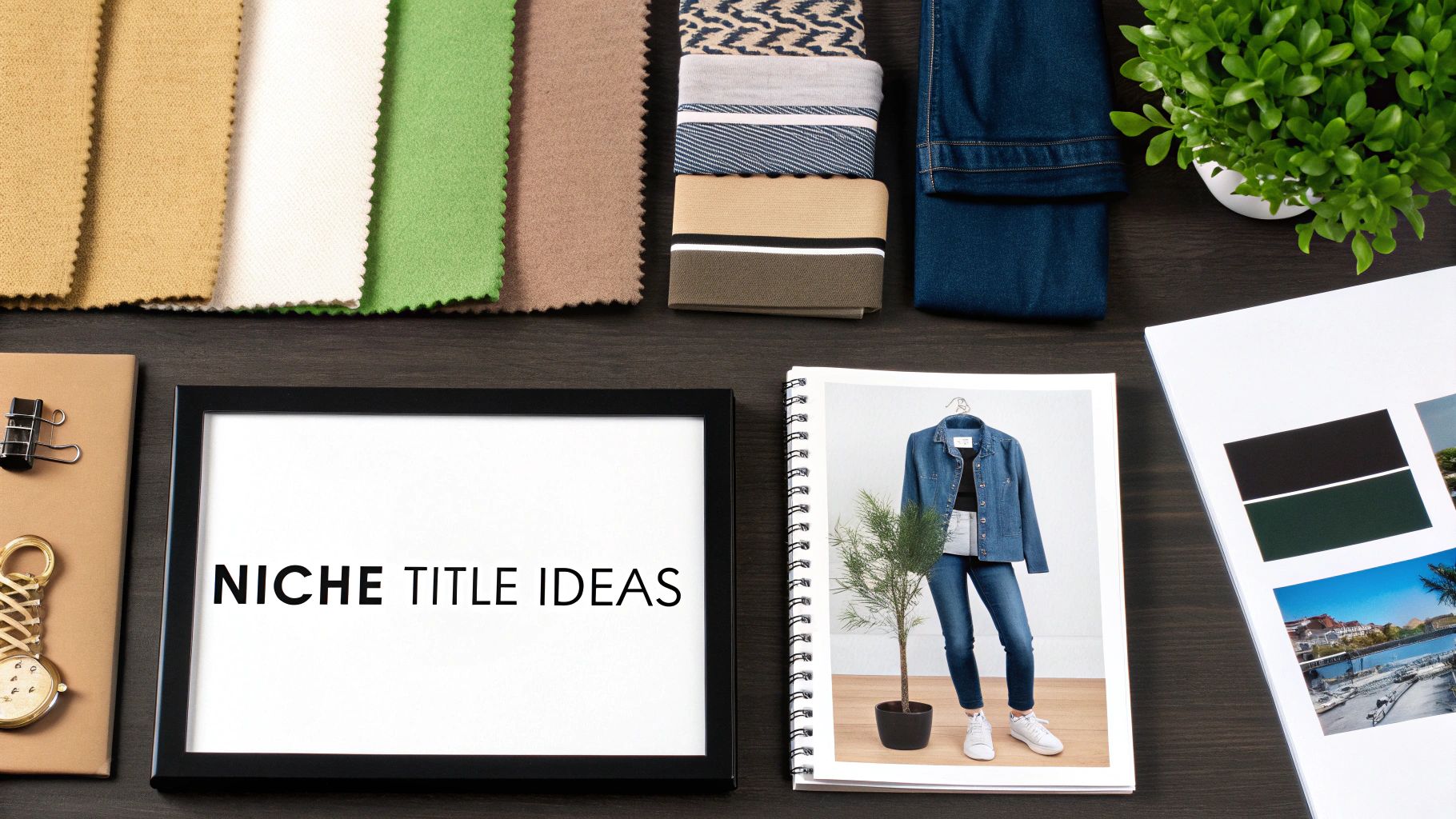 Flat lay with fabric swatches and fashion sketchbook showcasing niche Pinterest board title ideas