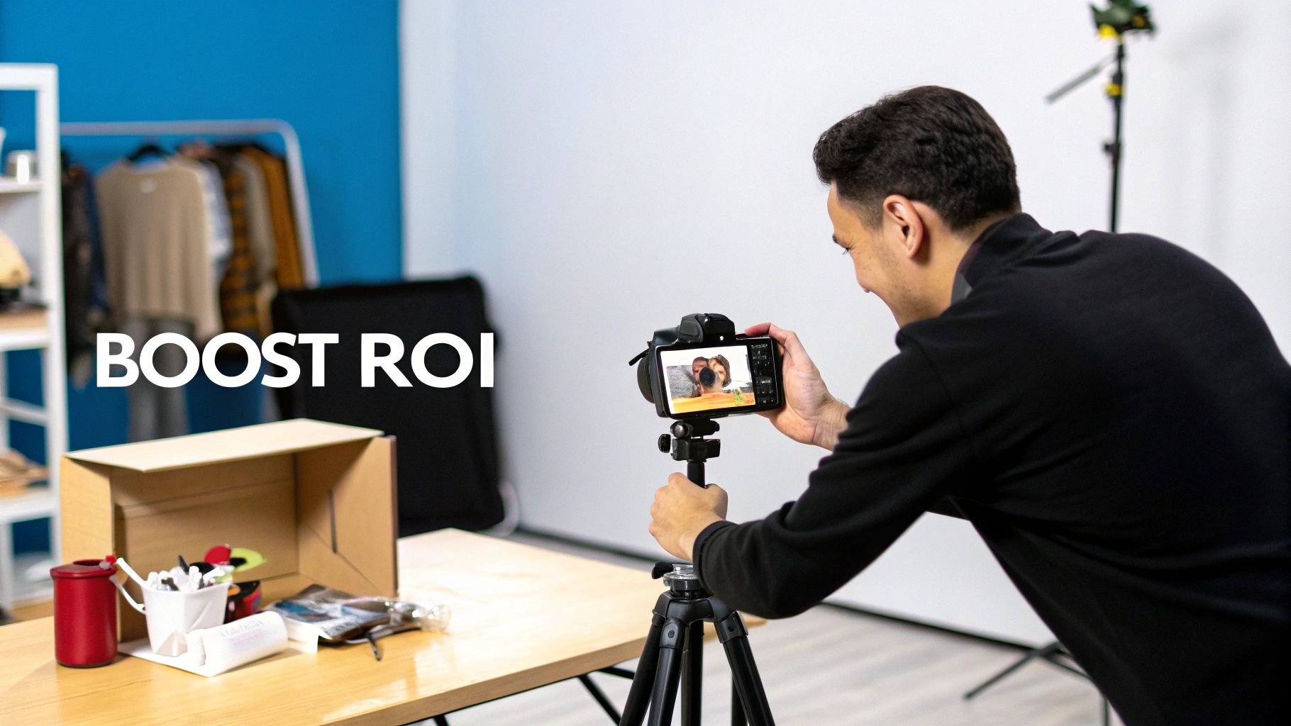 Content creator recording product video in studio to boost ROI, using a camera on tripod and product setup on table