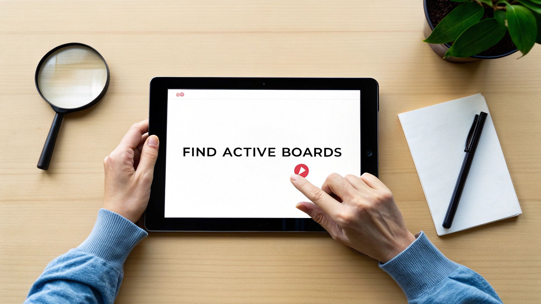 Person using tablet with 'Find Active Boards' displayed, symbolizing how to discover valuable group boards worth joining.