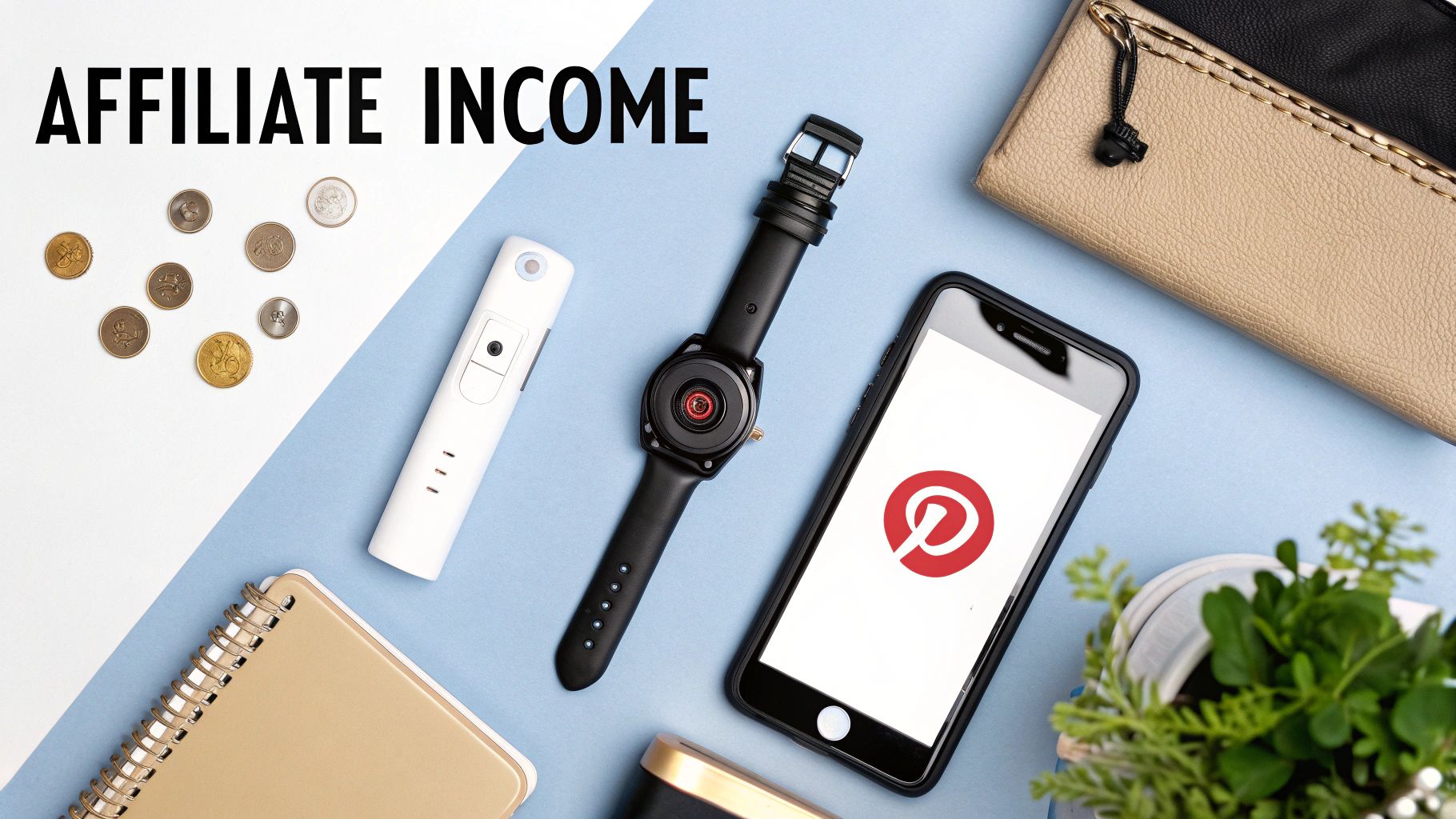 Flat lay of smartwatch, coins, smartphone with Pinterest logo, and office supplies representing affiliate income through Pinterest marketing.