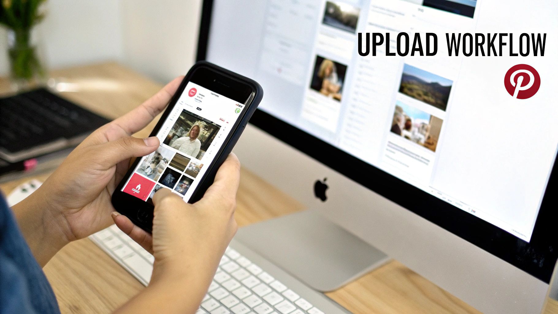 Person holding a smartphone showing Pinterest profile while sitting in front of a desktop computer displaying Pinterest boards, with text overlay that reads “Upload Workflow” and the Pinterest logo.