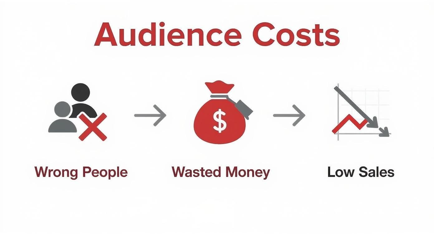 Infographic showing audience costs: targeting the wrong people leads to wasted money and low sales.