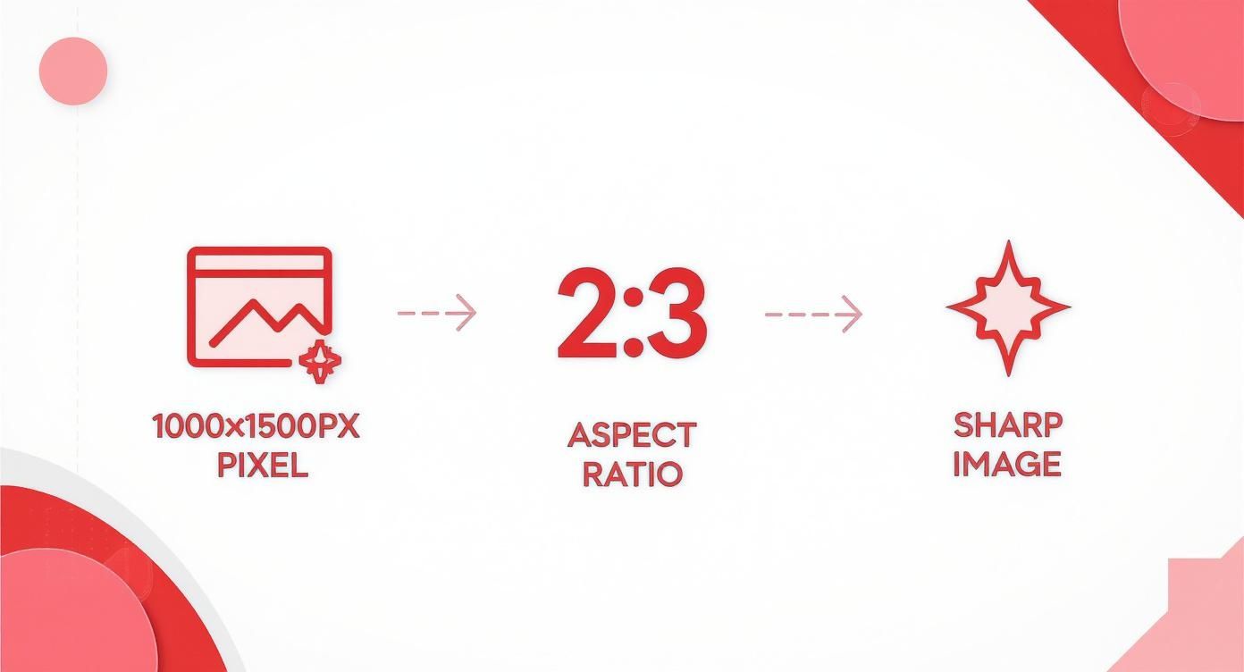 Pinterest image optimization showing 1000×1500px size, 2:3 aspect ratio, and sharp image result.