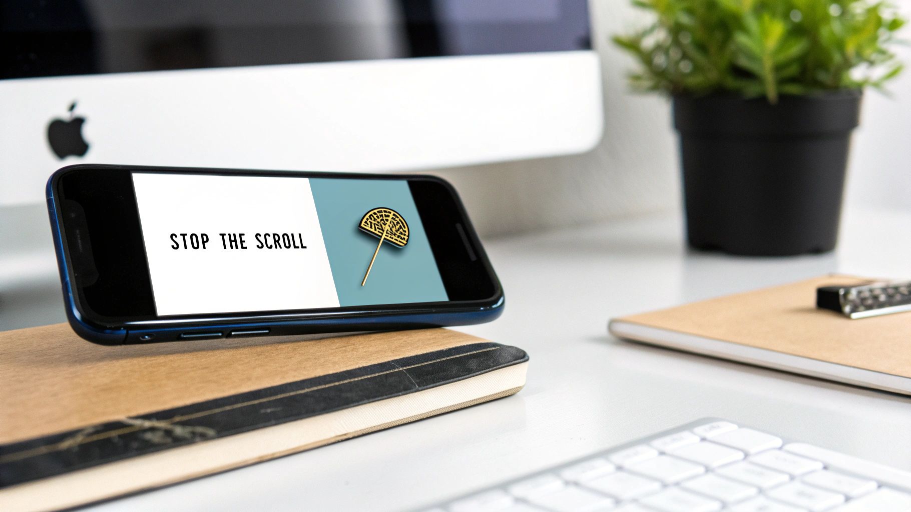 Smartphone on desk displaying 'Stop the Scroll' visual for Pinterest content engagement strategy.