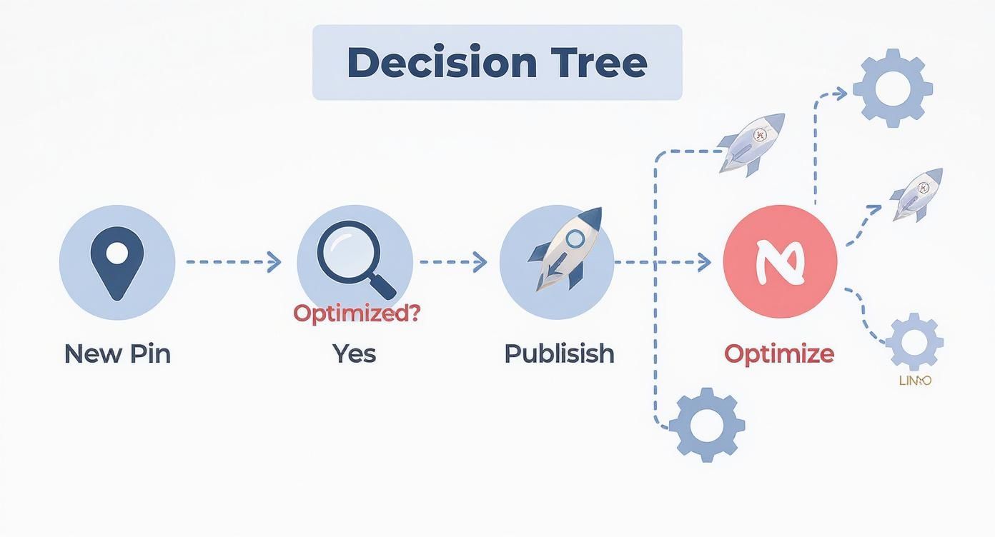 Pinterest decision tree infographic showing the process from creating a new pin, checking for optimization, publishing, and looping back to optimize for better performance.