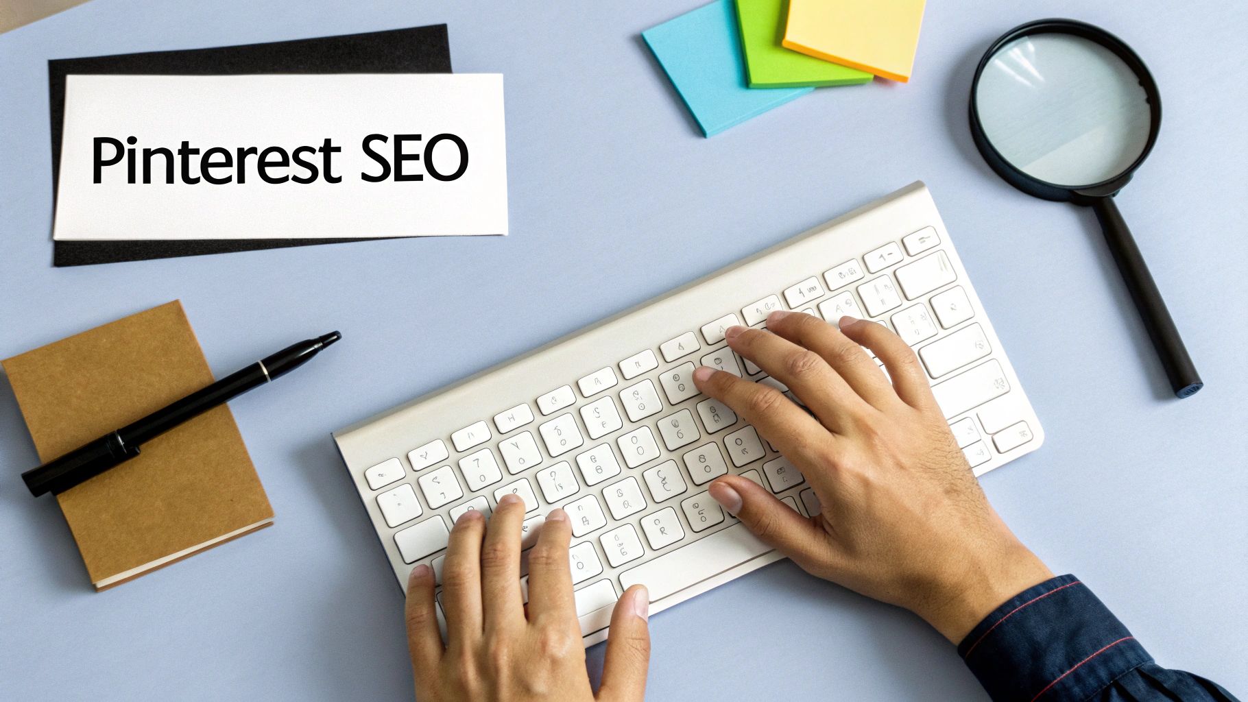 Hands typing on a white keyboard with a paper labeled 'Pinterest SEO', magnifying glass, sticky notes, and notebook on a pastel blue desk — concept of Pinterest search optimization.