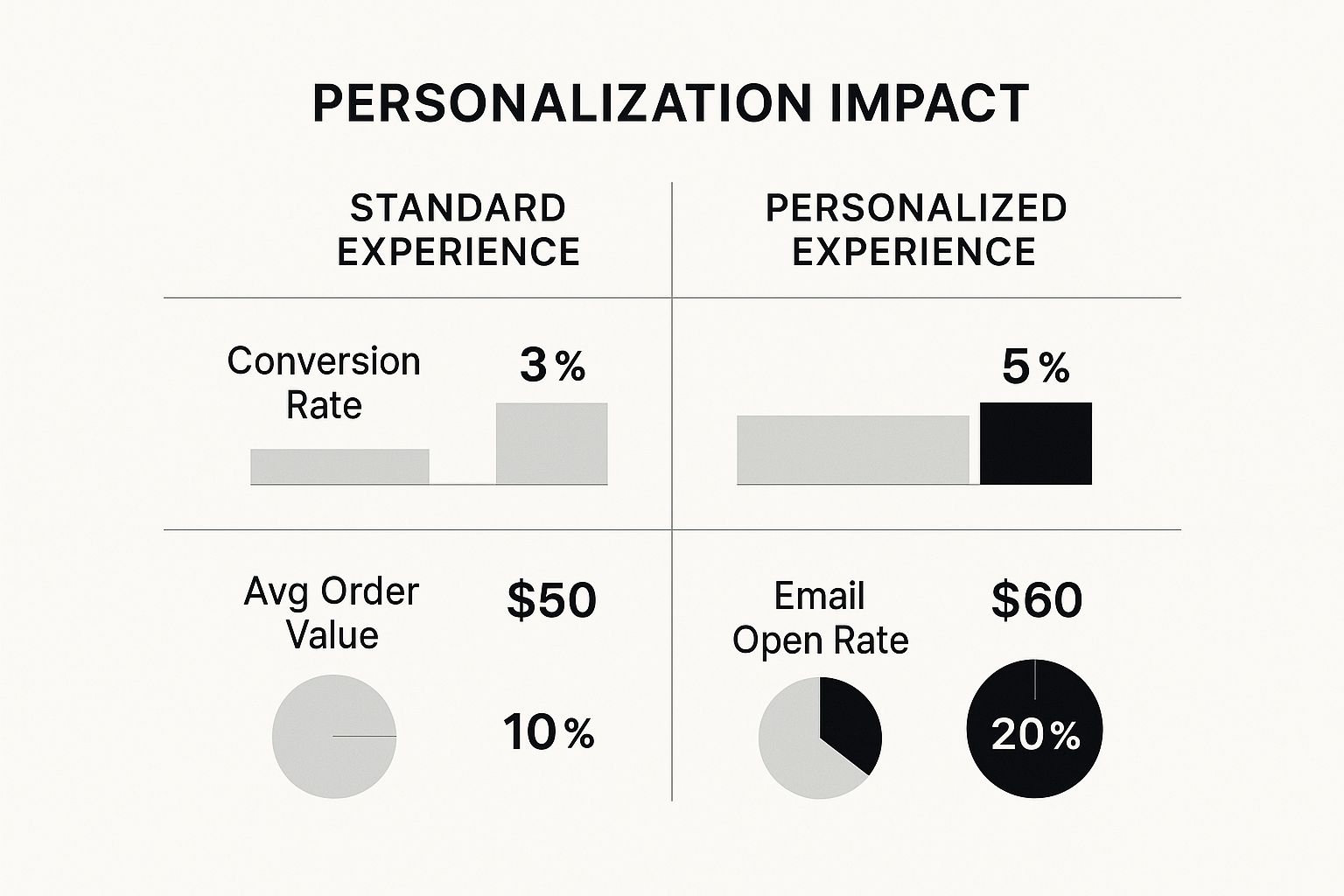 Comparison chart showing improved conversion rate, average order value, and email open rate with personalized experience versus standard experience.