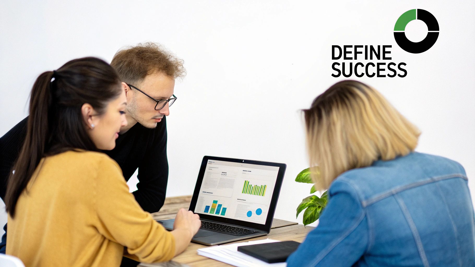Team analyzing performance charts on laptop to define marketing success metrics"