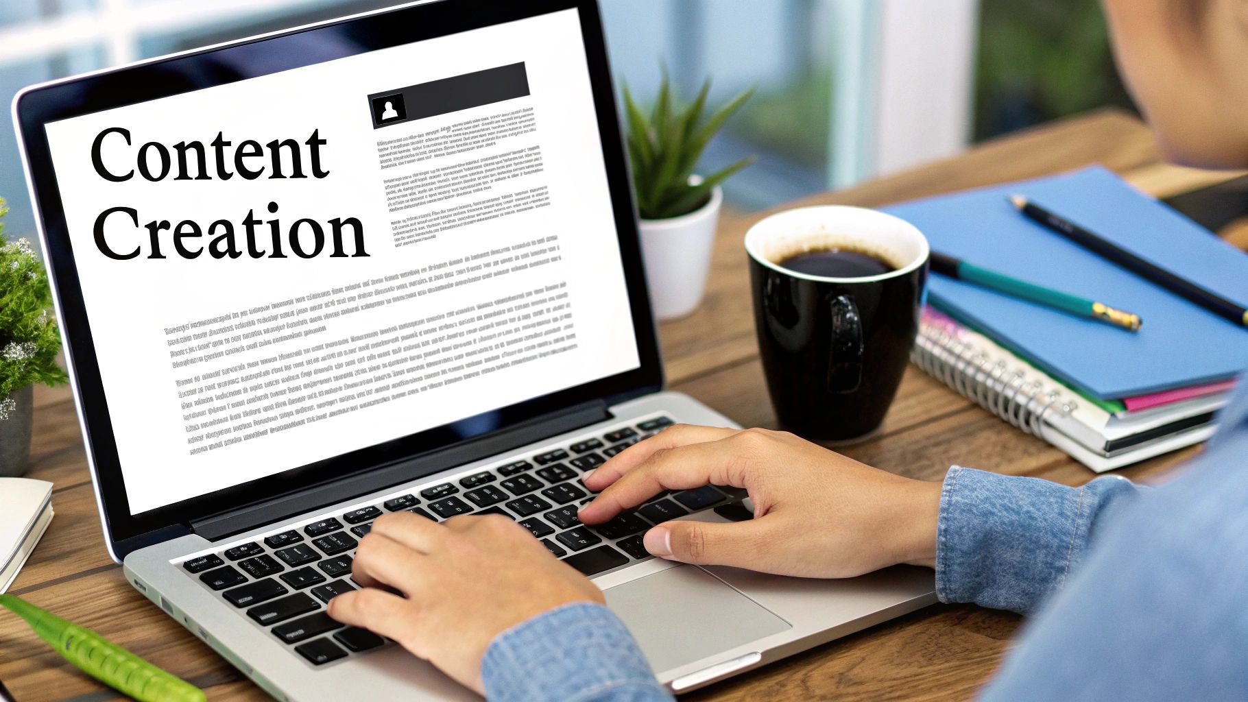 Person typing on a laptop screen displaying the words "Content Creation" at a desk with coffee and notebooks.