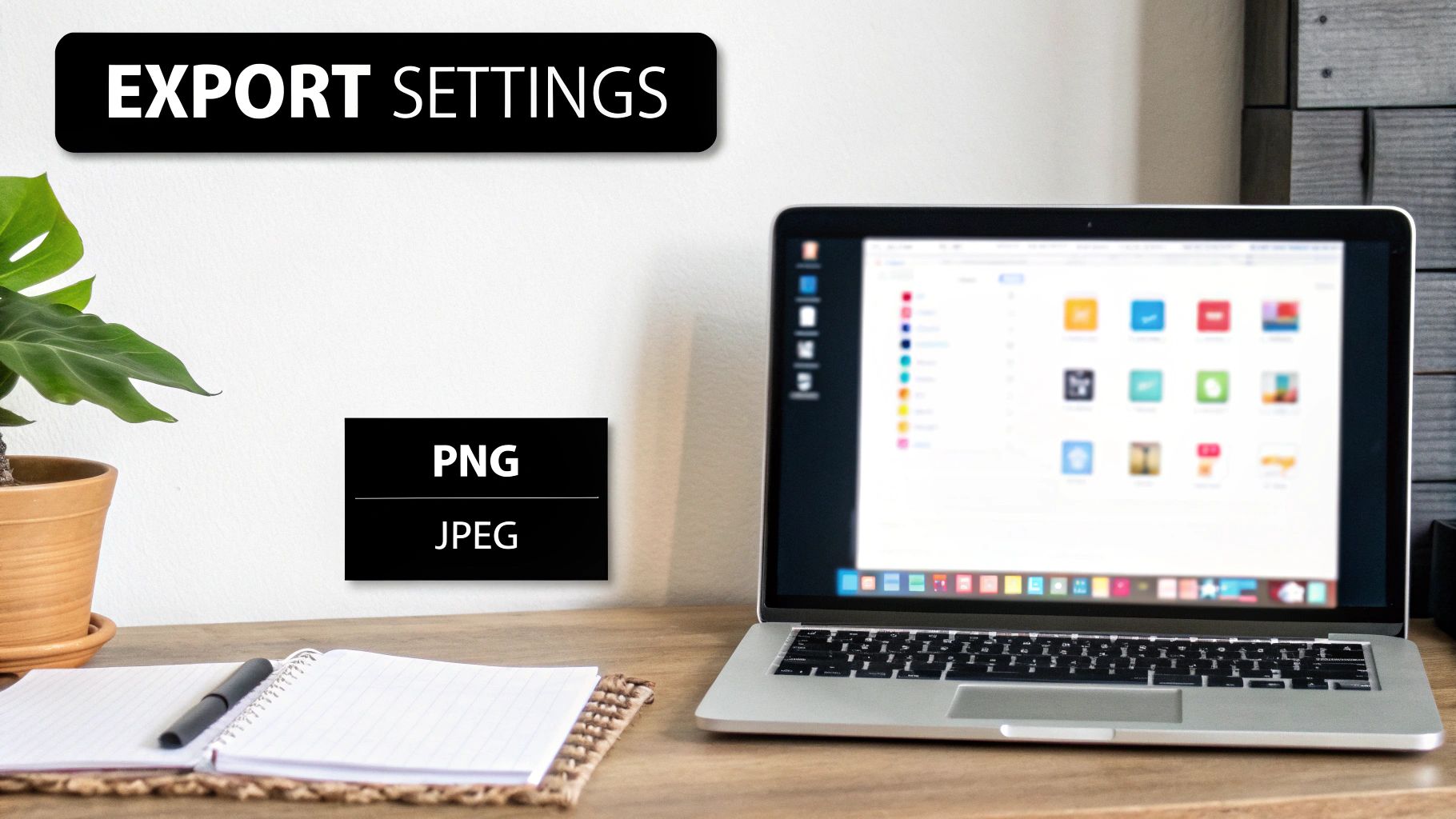 Export settings screen showing PNG selected over JPEG on a laptop.