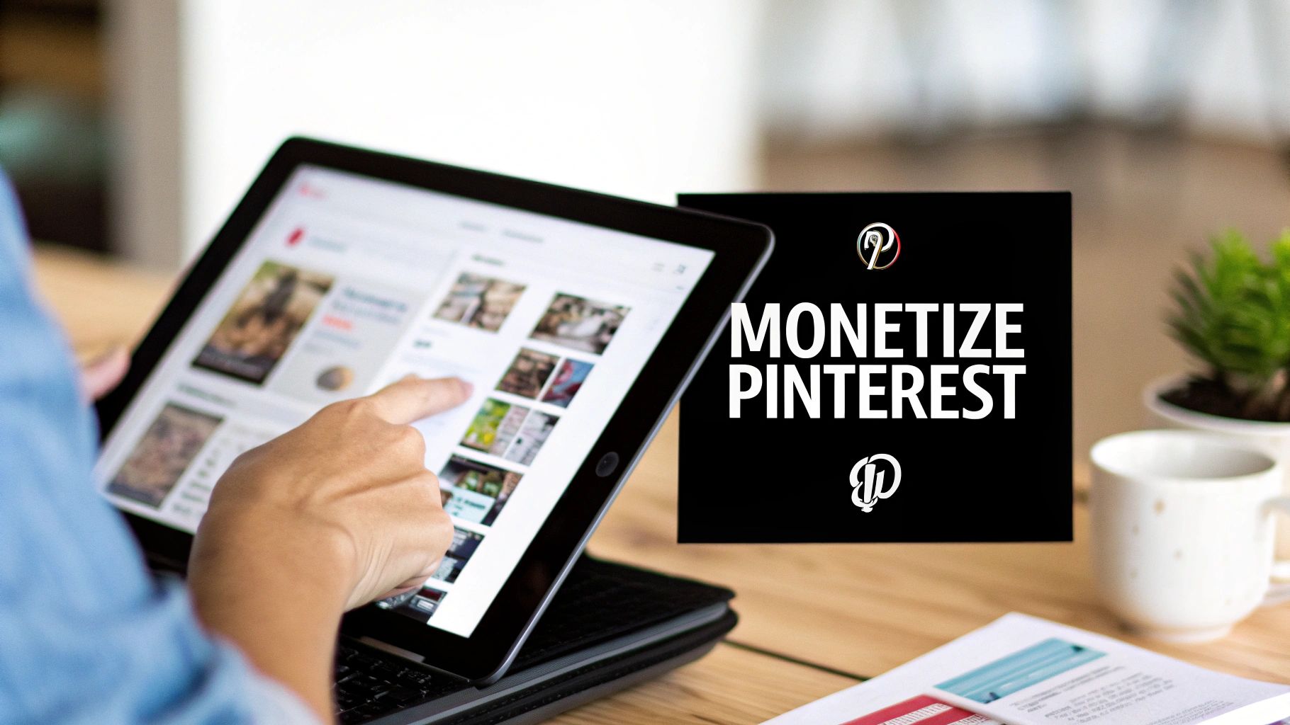 User browsing Pinterest content on a tablet with 'Monetize Pinterest' banner, representing how creators can grow from broad visibility to niche authority.