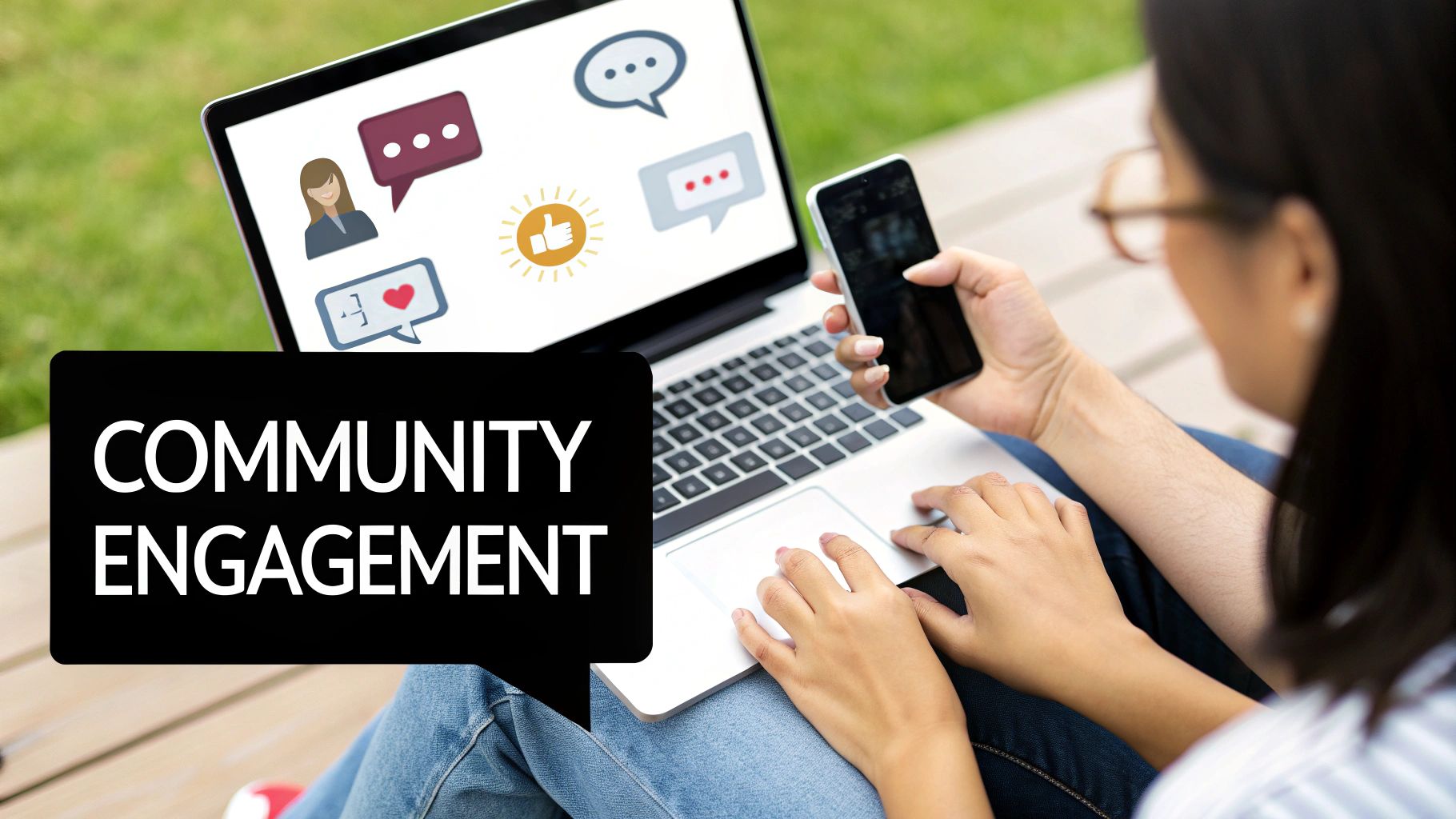 Person using laptop and phone with "Community Engagement" on screen